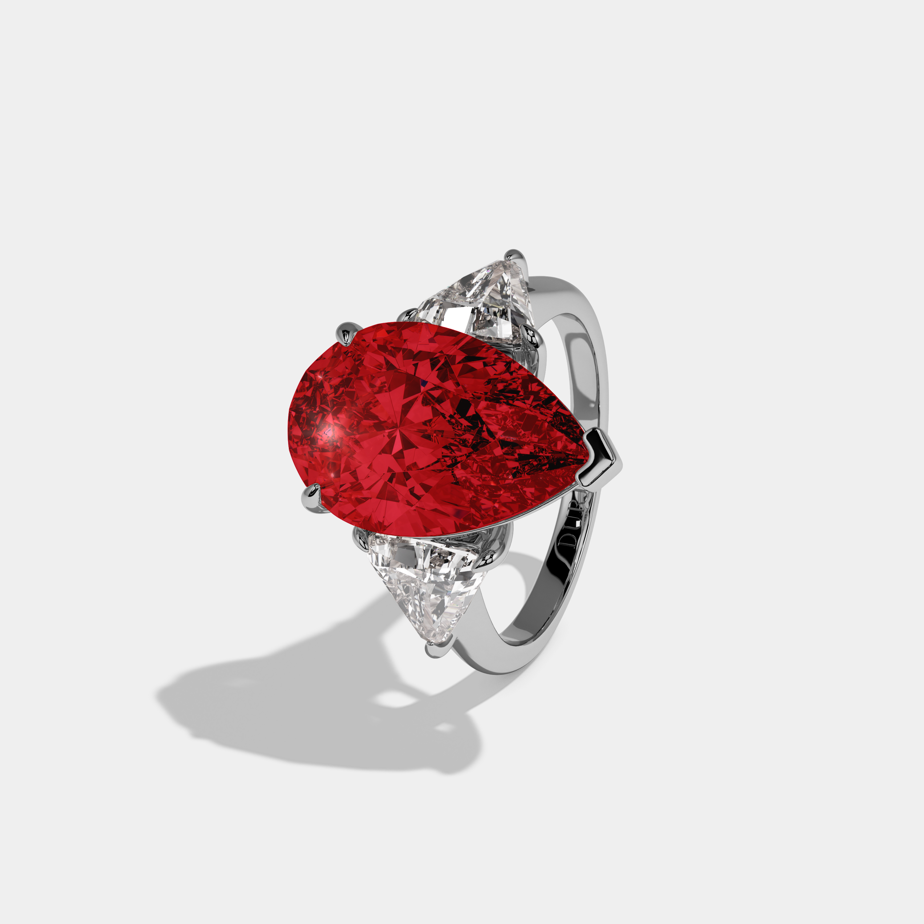 Adelaide Fancy Red Pear Cut Diamond Plain Band With Triangle Cut Sides Engagement Ring 8ct 18K White Gold