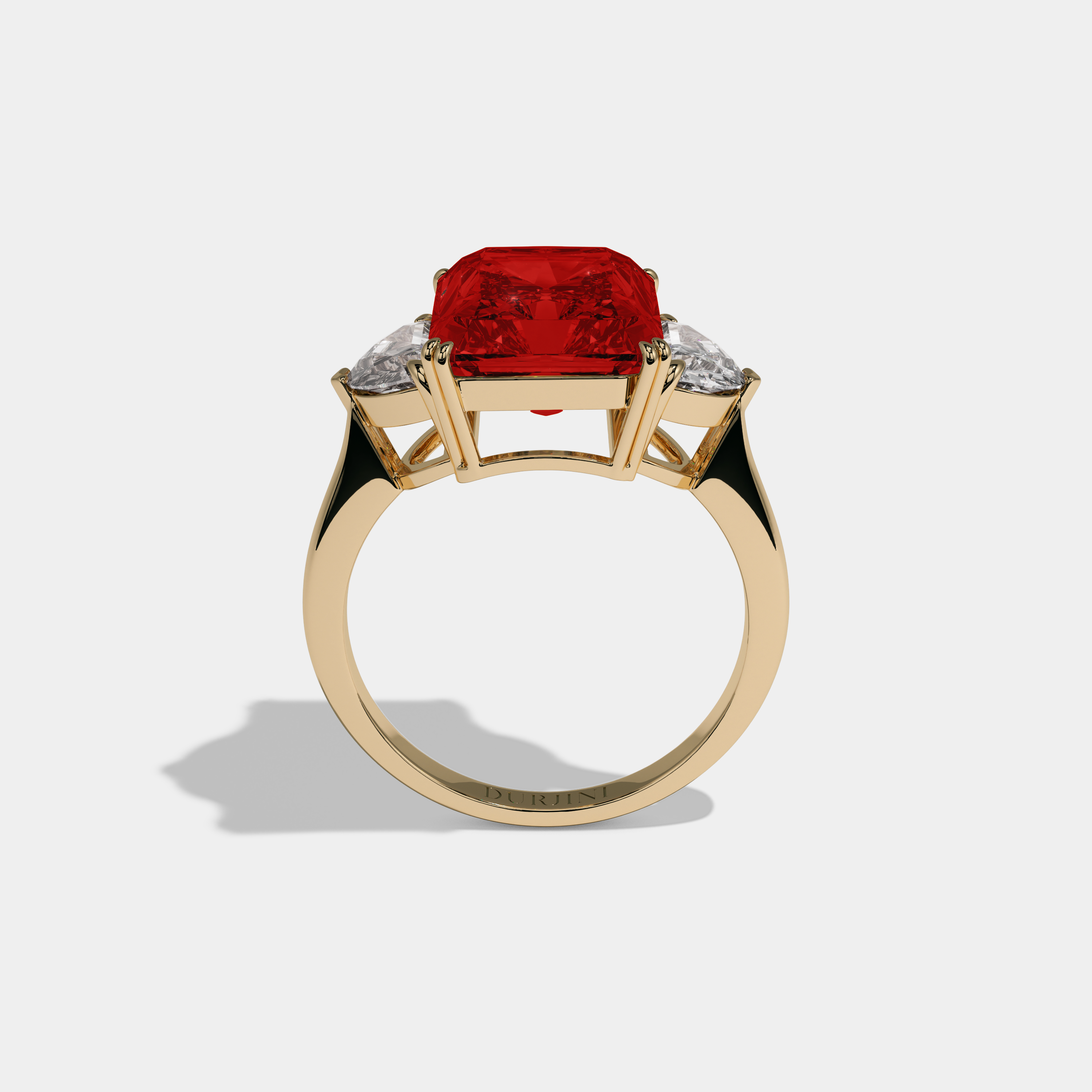 Eleanor Fancy Red Radiant Cut Diamond Plain Band With Half Moon Sides Engagement Ring 8ct 18K Yellow Gold