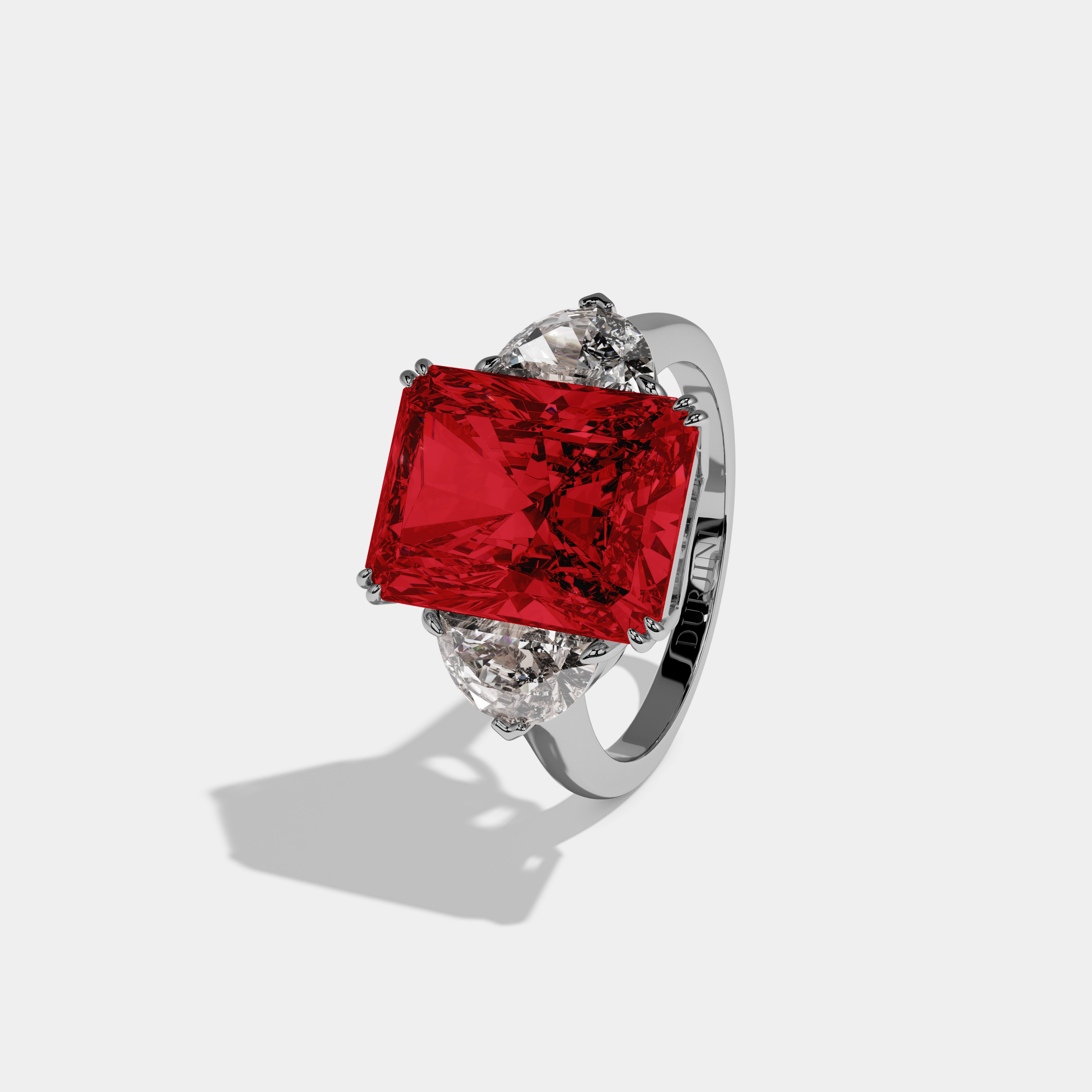 Anne Fancy Red Radiant Cut Diamond Plain Band With Half Moon Sides Engagement Ring 8ct 18K White Gold