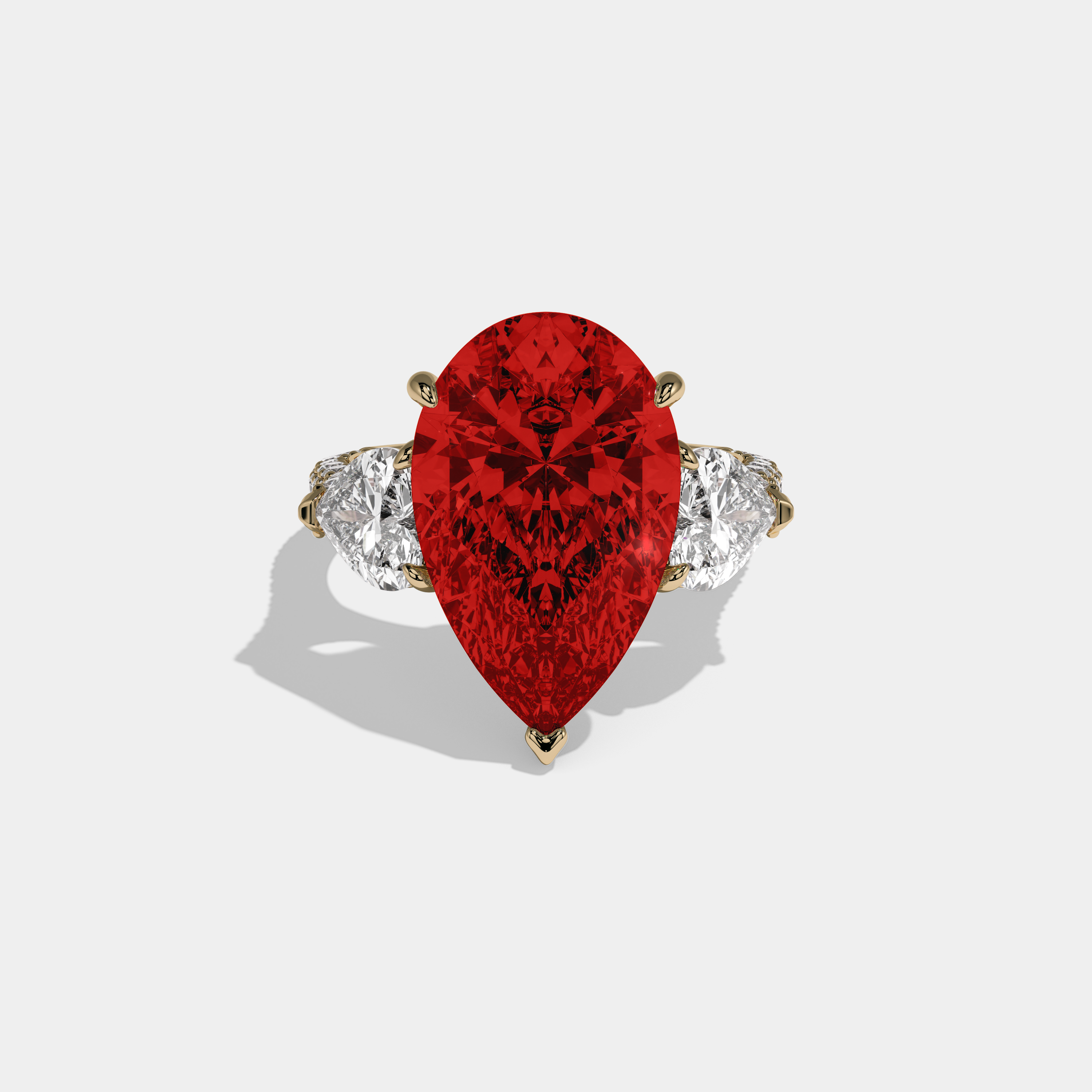 Eleanor Fancy Red Pear Cut Diamond Band With Heart Cut Sides Engagement Ring 9ct 18K Yellow Gold