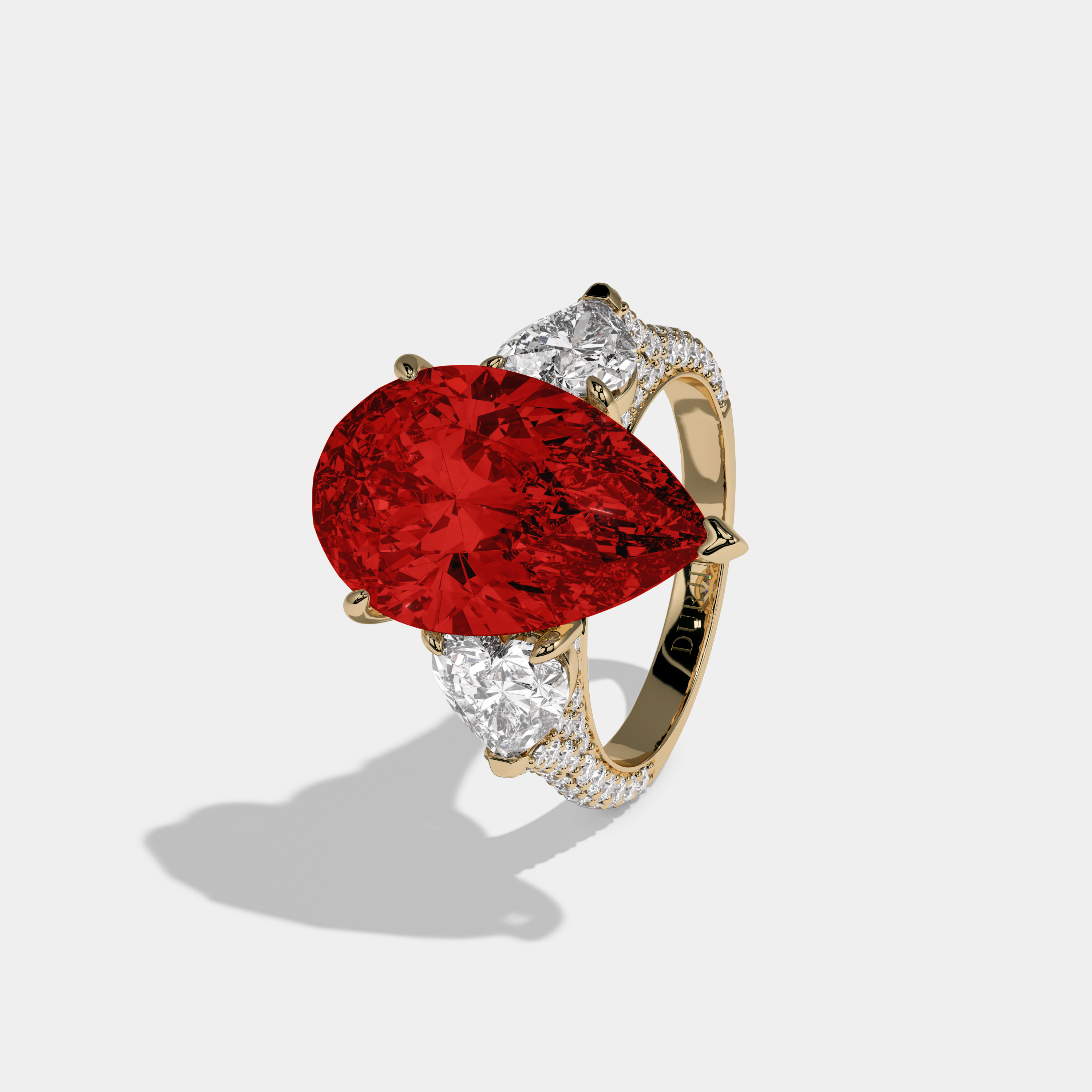 Eleanor Fancy Red Pear Cut Diamond Band With Heart Cut Sides Engagement Ring 9ct 18K Yellow Gold