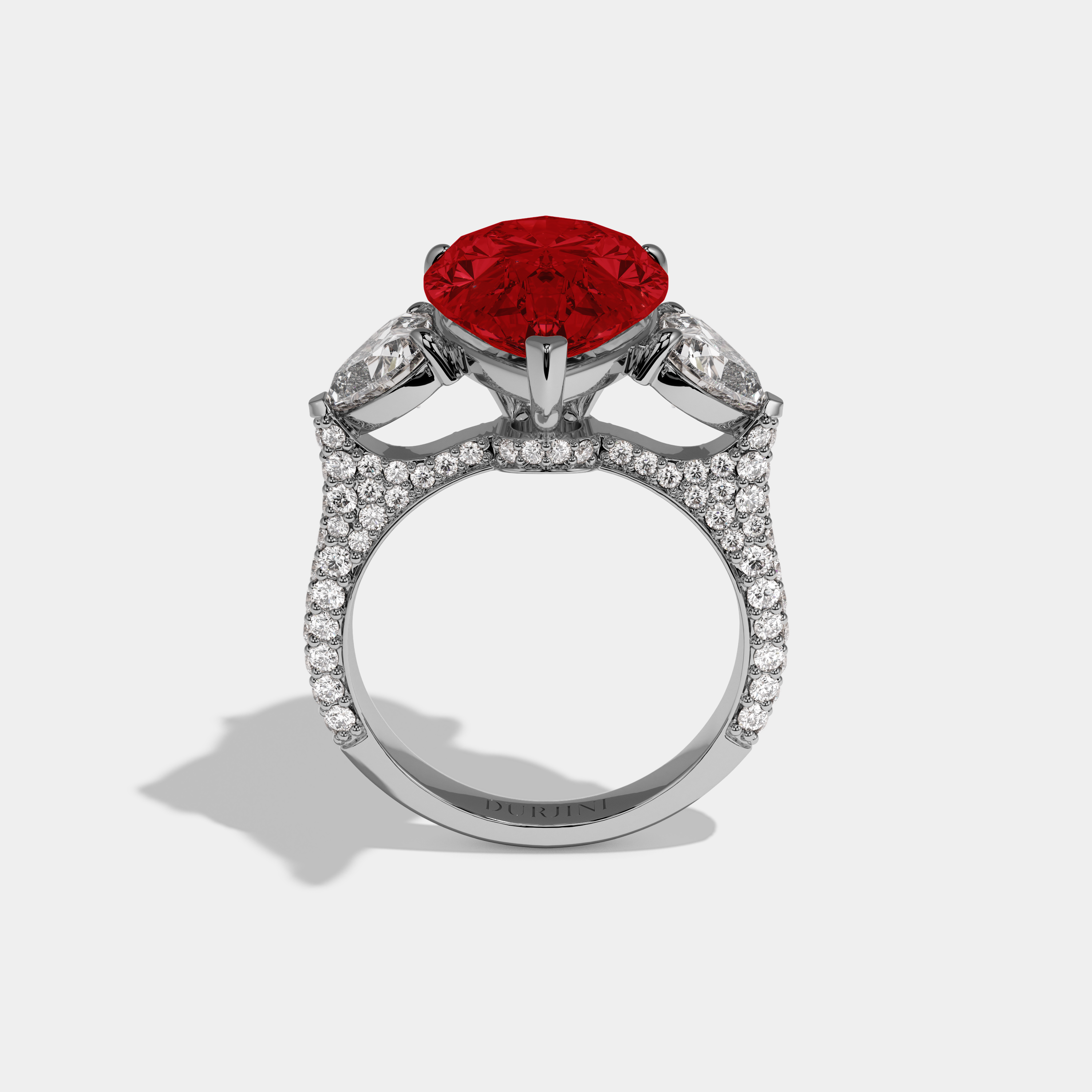 Amelia Fancy Red Pear Cut Diamond Band With Heart Cut Sides Engagement Ring 9ct 18K White Gold