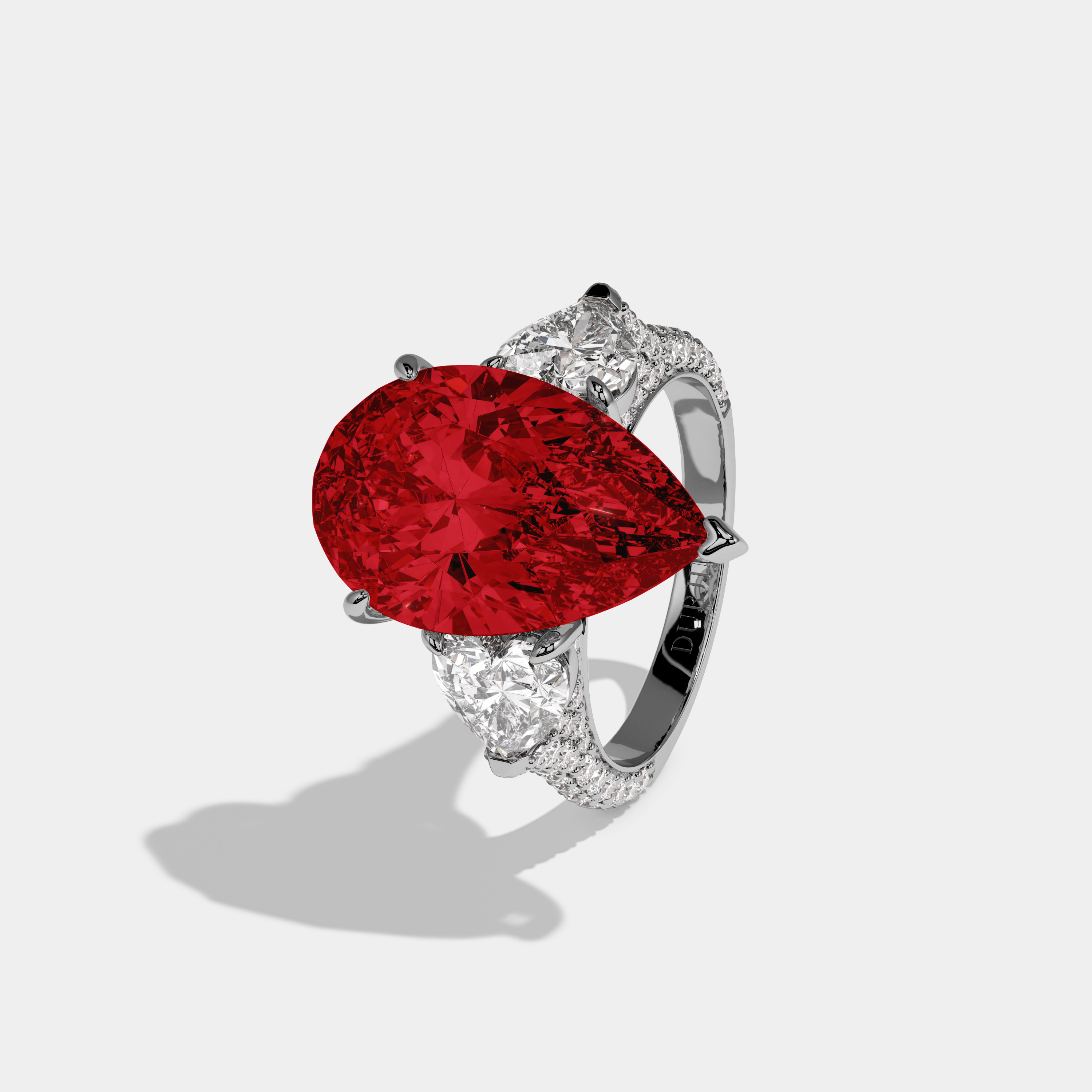 Amelia Fancy Red Pear Cut Diamond Band With Heart Cut Sides Engagement Ring 9ct 18K White Gold