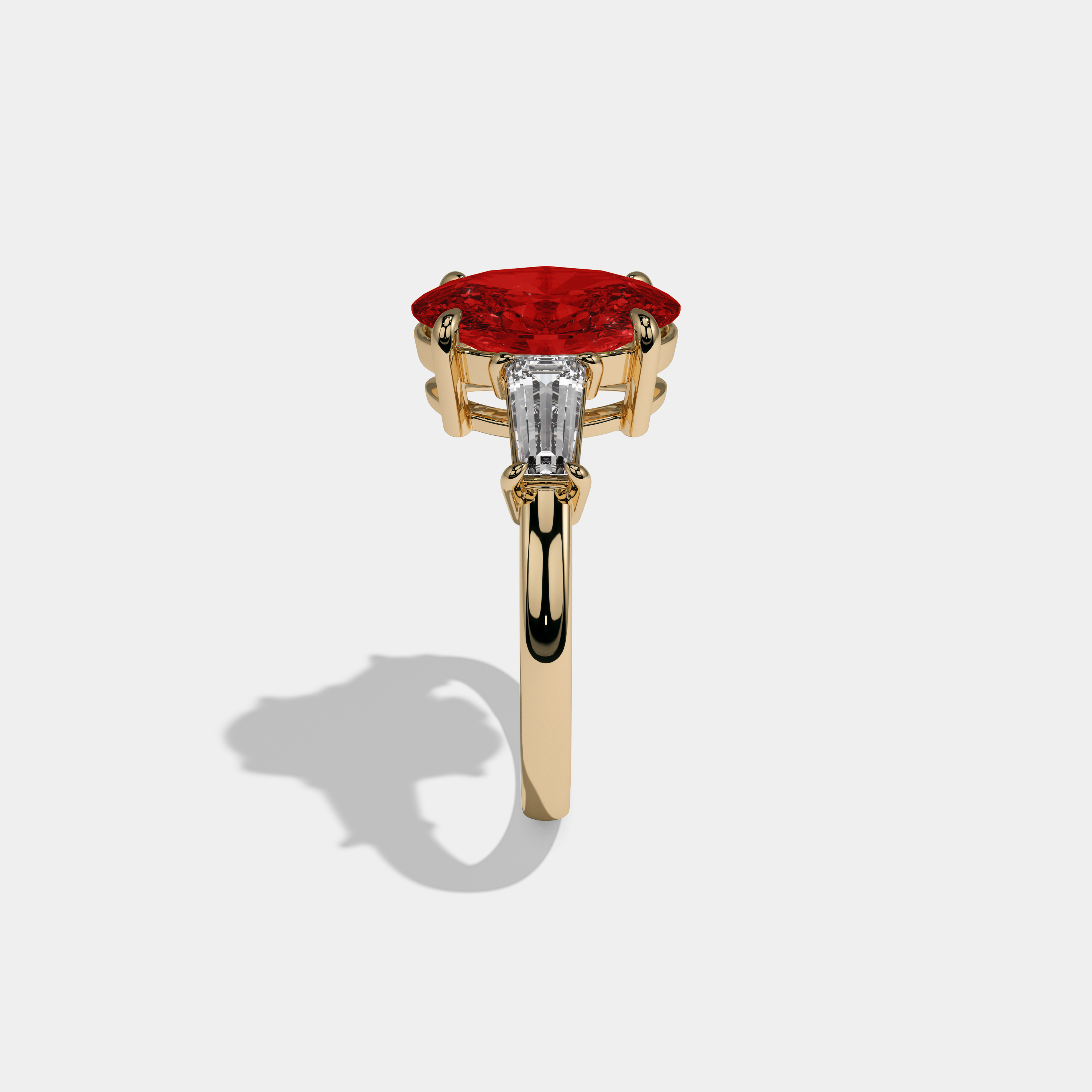Eleanor Fancy Red Oval Cut Diamond Plain Band Engagement Ring With Baguette Cut Sides 6ct 18K Yellow Gold