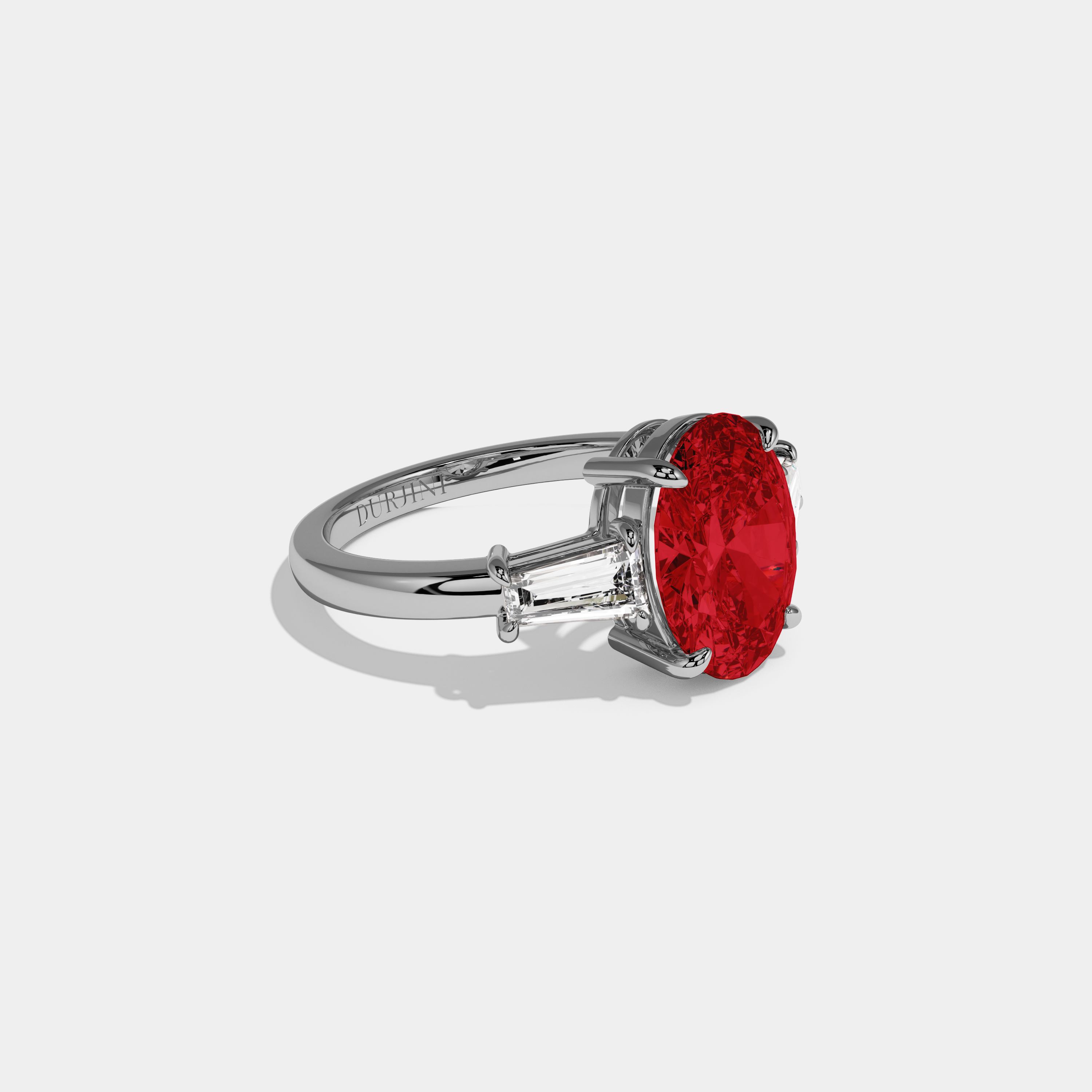Anne Fancy Red Oval Cut Diamond Plain Band Engagement Ring With Baguette Cut Sides 6ct 18K White Gold