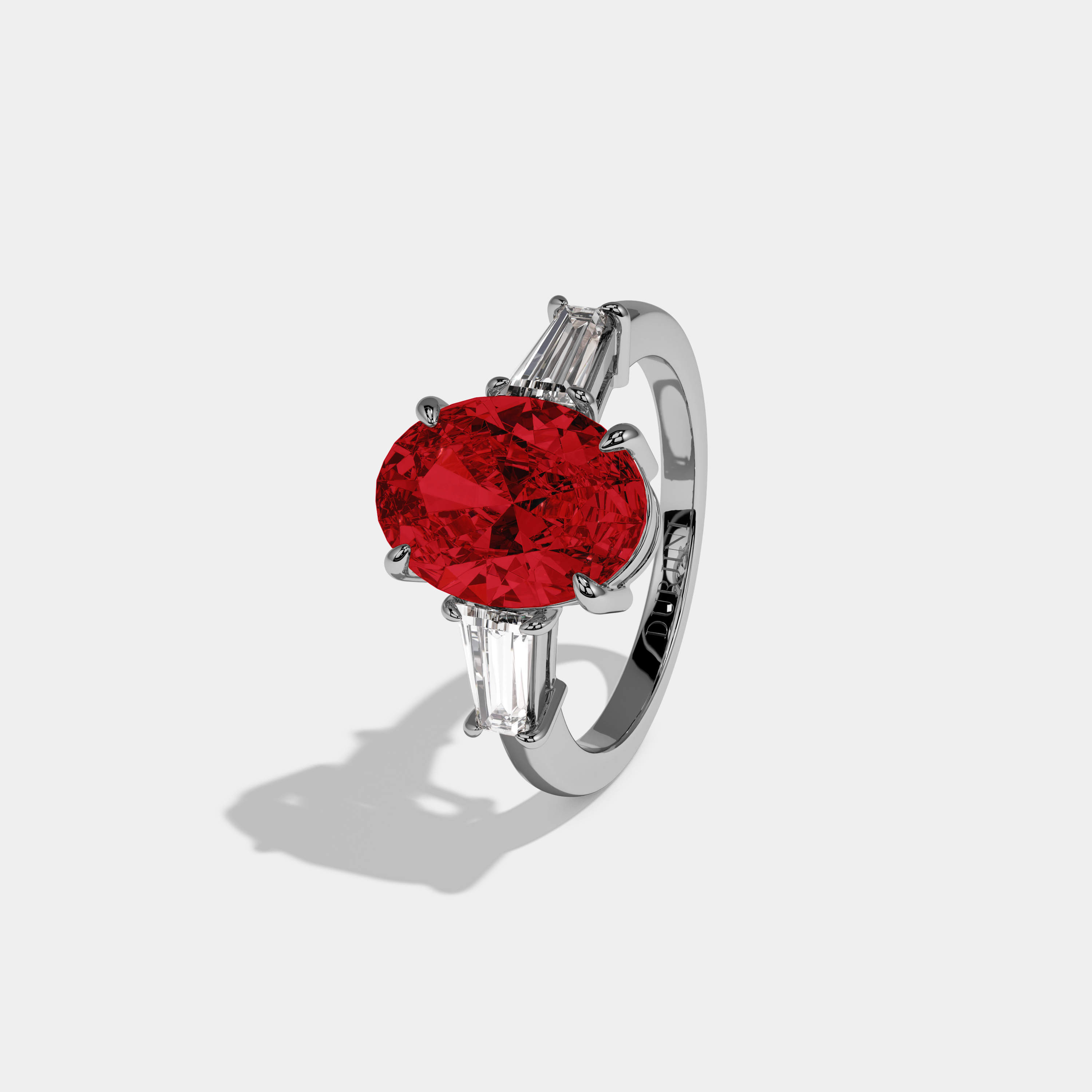 Anne Fancy Red Oval Cut Diamond Plain Band Engagement Ring With Baguette Cut Sides 6ct 18K White Gold