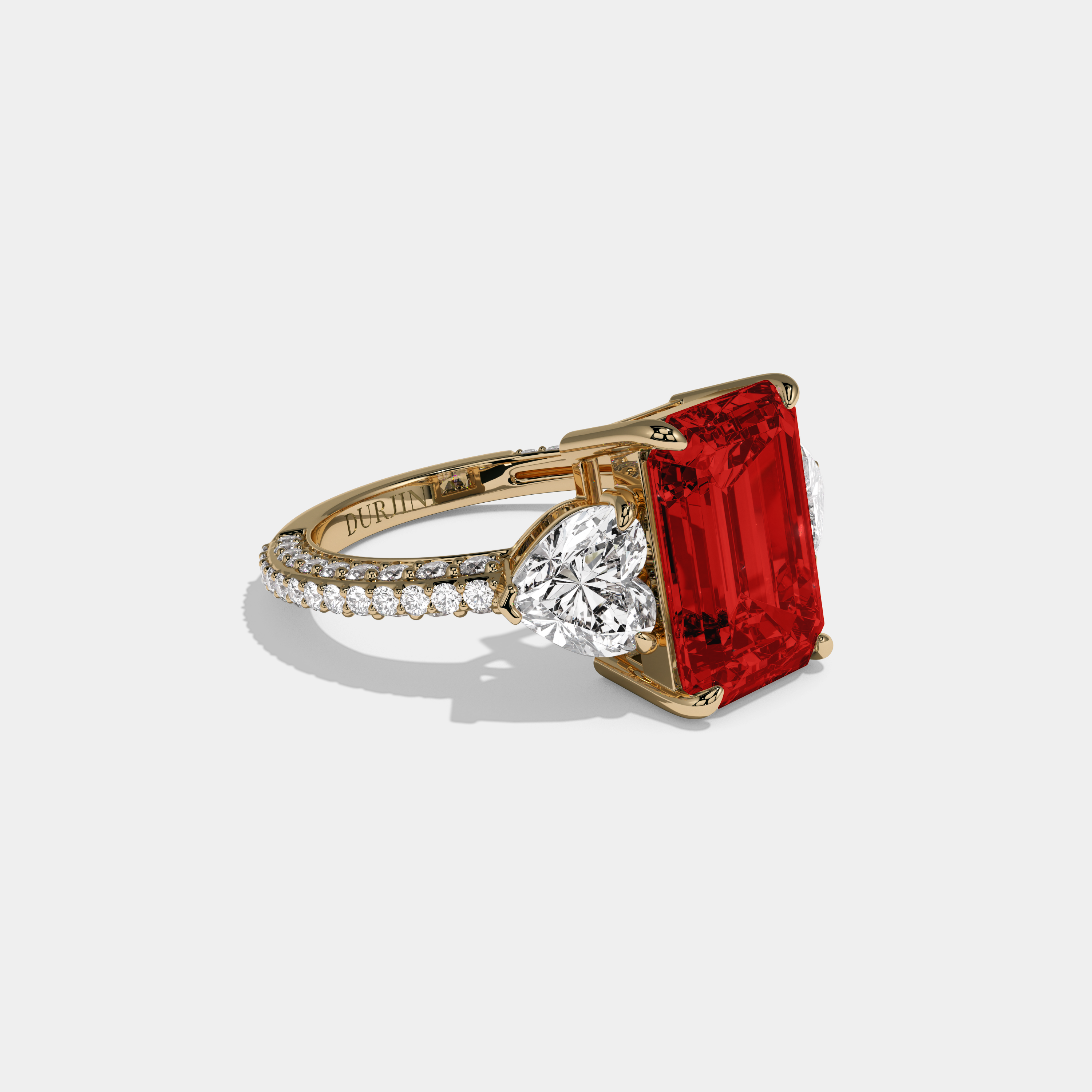 Henrietta Fancy Red Emerald Cut Diamond Band With Heart Cut Sides Engagement Ring 8ct 18K Yellow Gold
