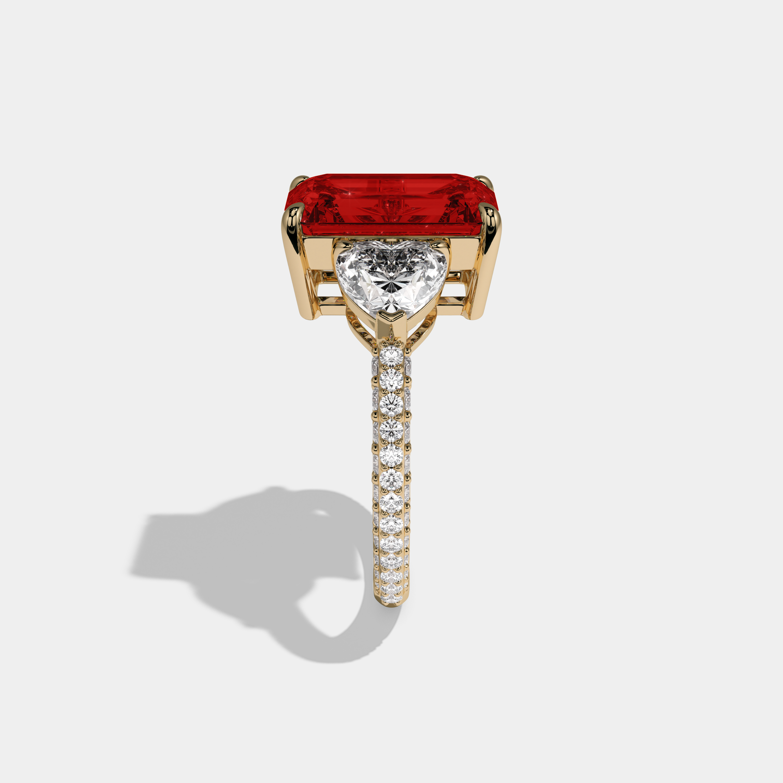 Henrietta Fancy Red Emerald Cut Diamond Band With Heart Cut Sides Engagement Ring 8ct 18K Yellow Gold