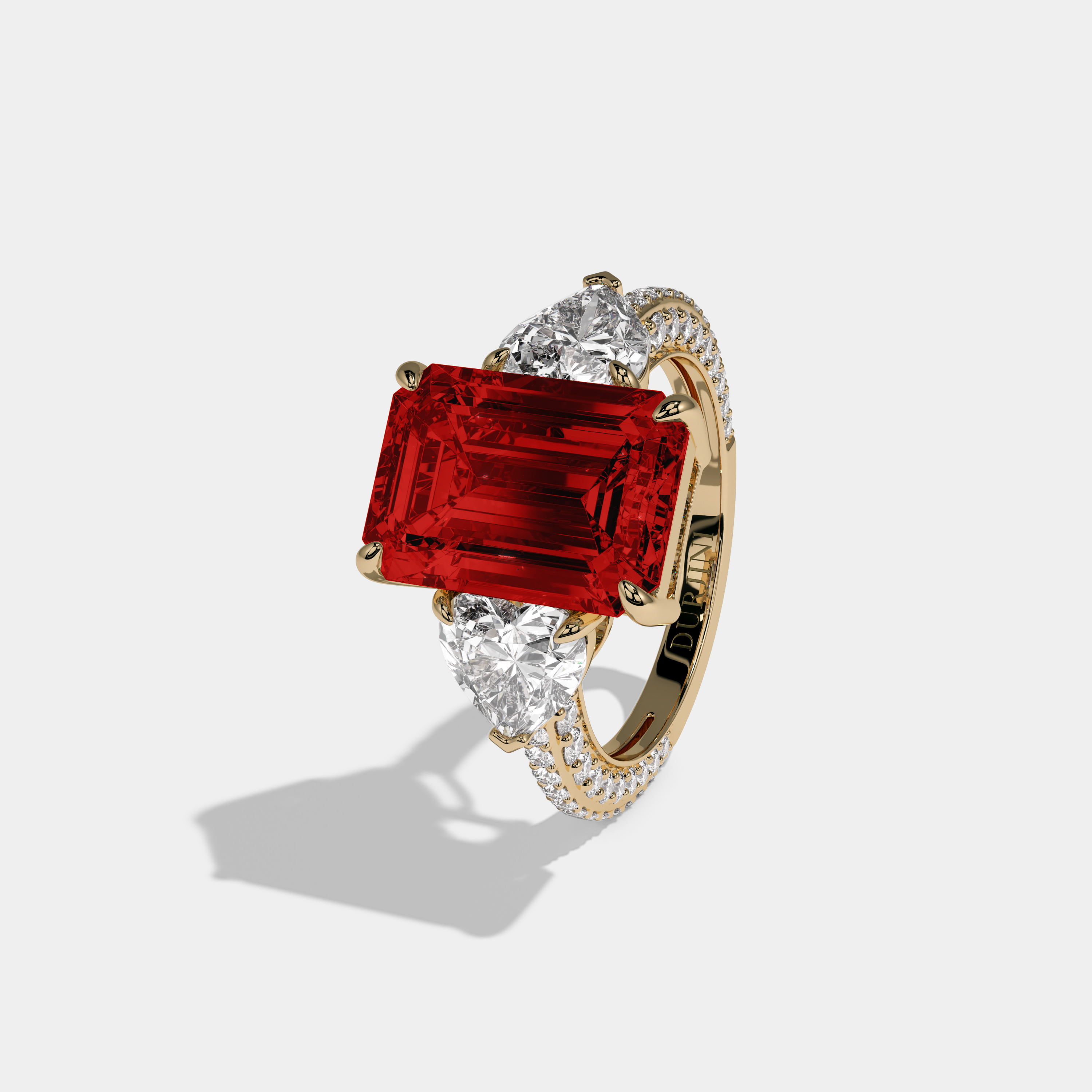 Henrietta Fancy Red Emerald Cut Diamond Band With Heart Cut Sides Engagement Ring 8ct 18K Yellow Gold