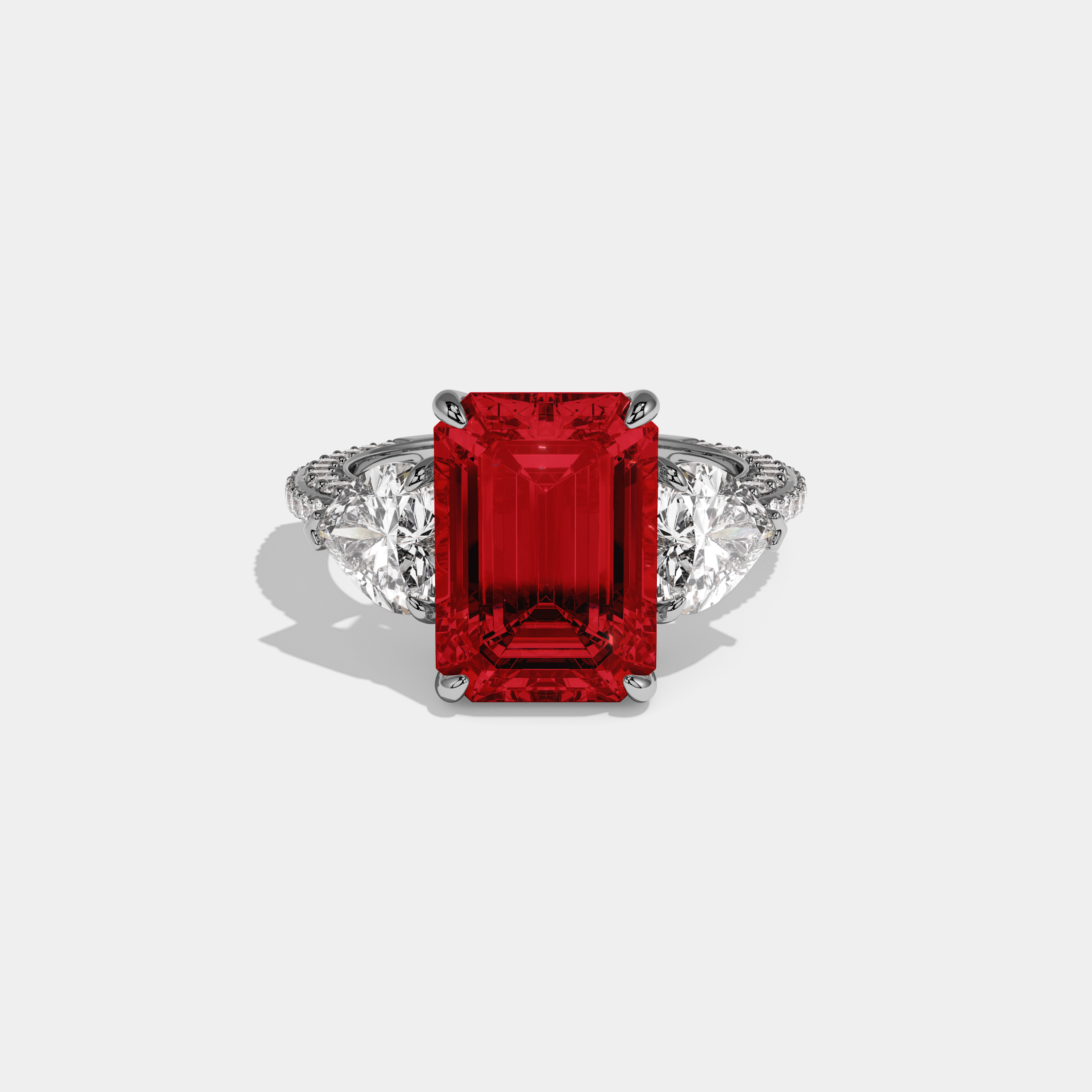 Georgiana Fancy Red Emerald Cut Diamond Band With Heart Cut Sides Engagement Ring 8ct 18K White Gold