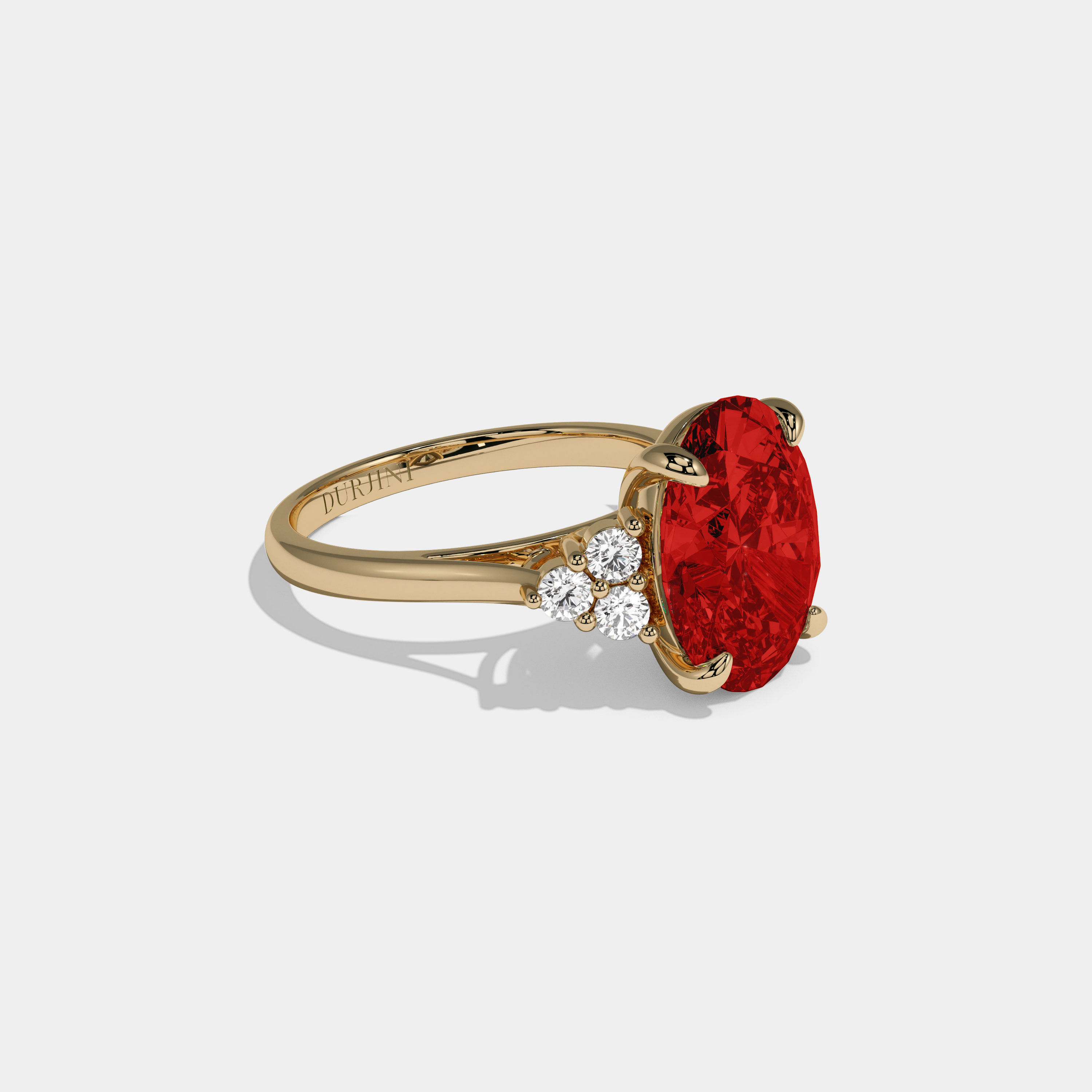 Henrietta Fancy Red Oval Cut Diamond Plain Band Engagement Ring With Round Sides 6ct 18K Yellow Gold