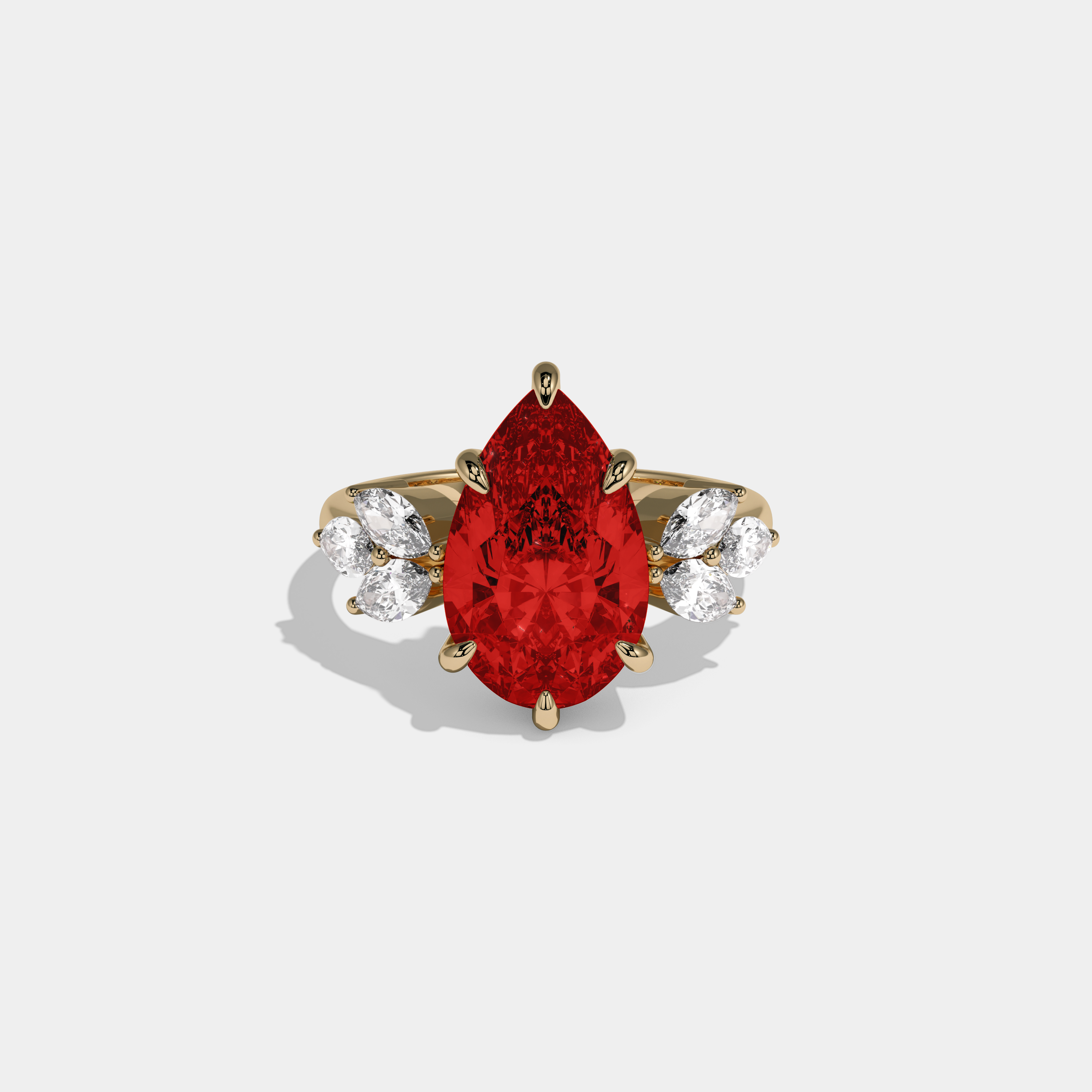 Eleanor Fancy Red Pear Cut Diamond Plain Band With Marquise Cut Sides Engagement Ring 7ct 18K Yellow Gold
