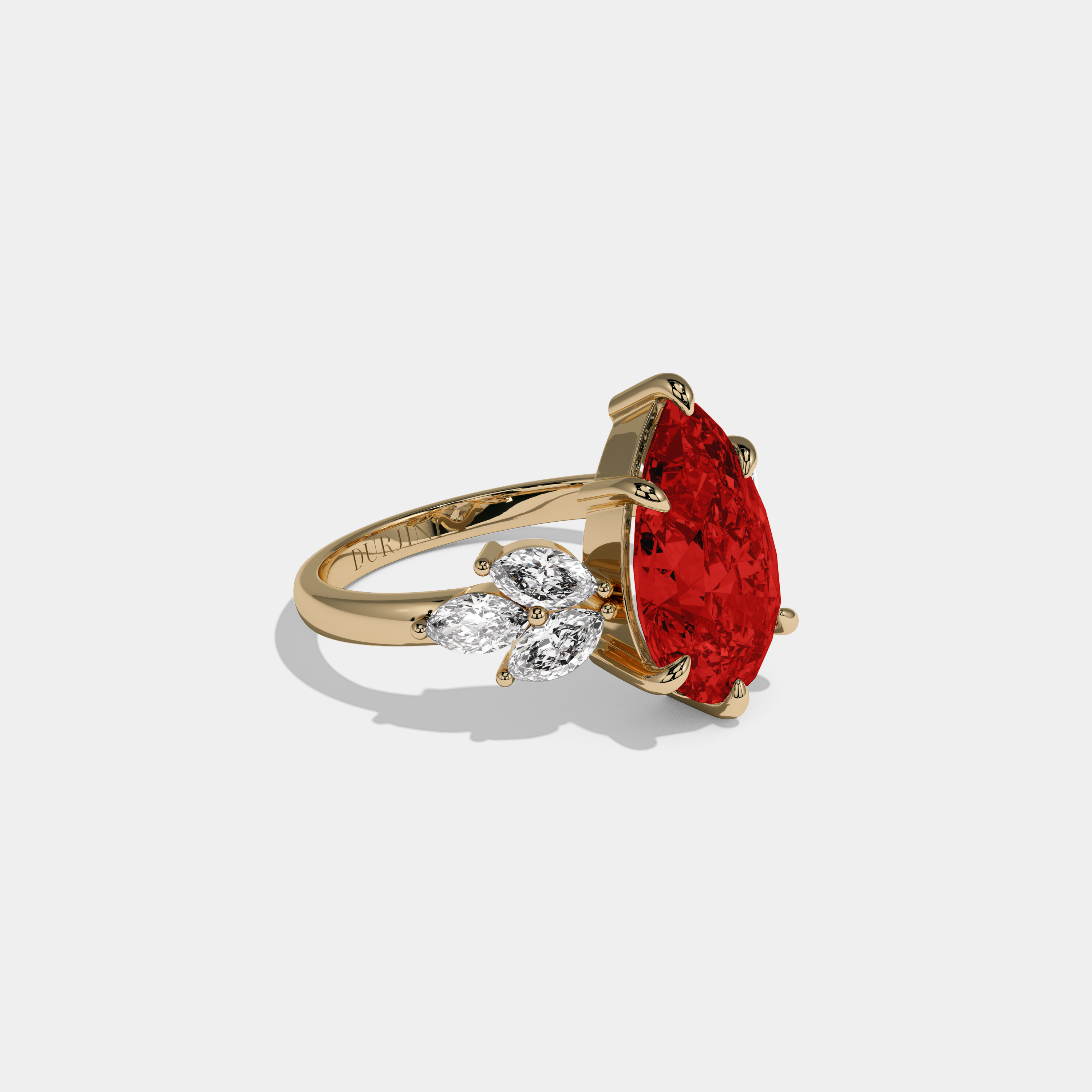 Eleanor Fancy Red Pear Cut Diamond Plain Band With Marquise Cut Sides Engagement Ring 7ct 18K Yellow Gold