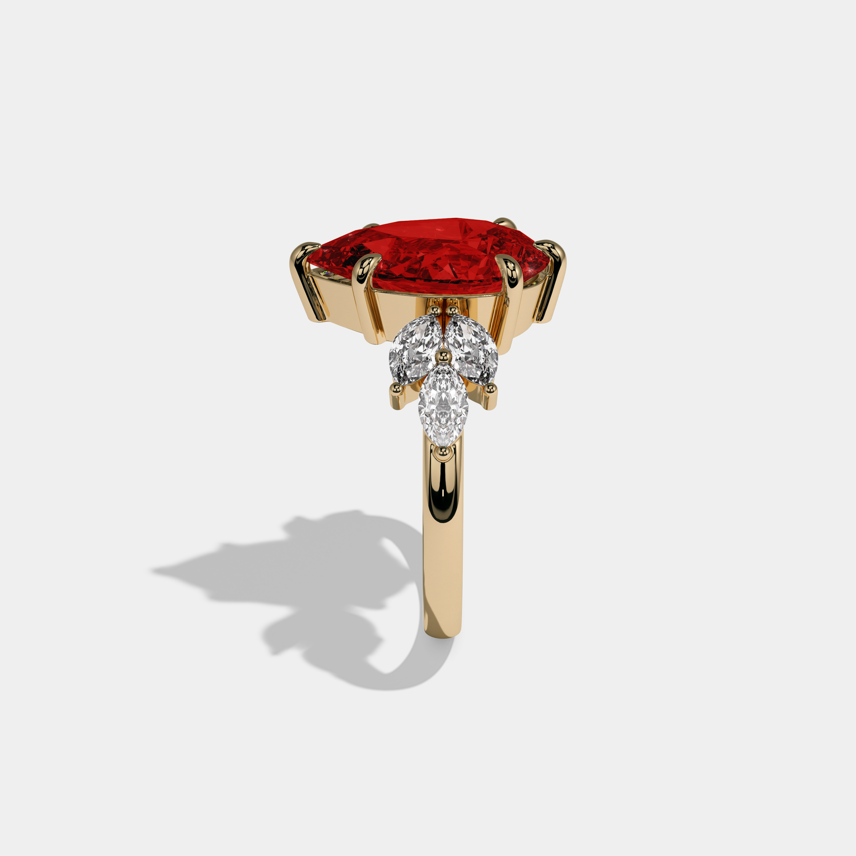 Eleanor Fancy Red Pear Cut Diamond Plain Band With Marquise Cut Sides Engagement Ring 7ct 18K Yellow Gold