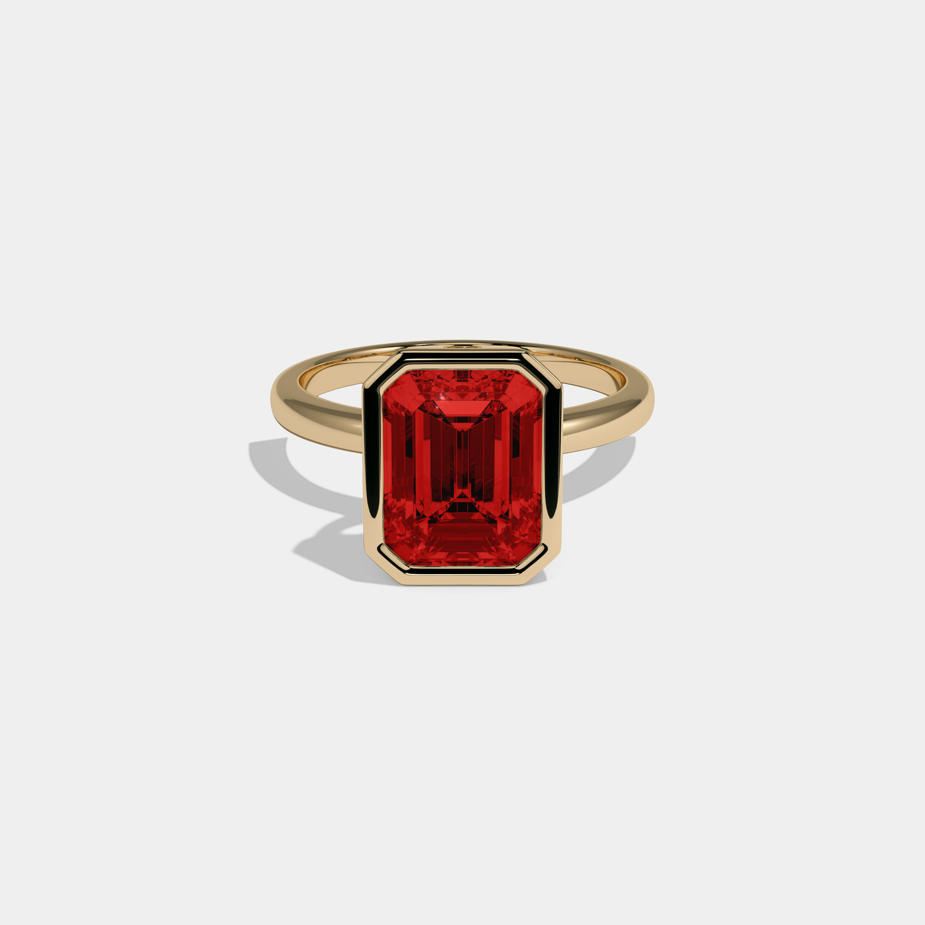 Eleanor Fancy Red Emerald Cut Diamond Plain Band Bezel Engagement Ring 5ct 18K Yellow Gold