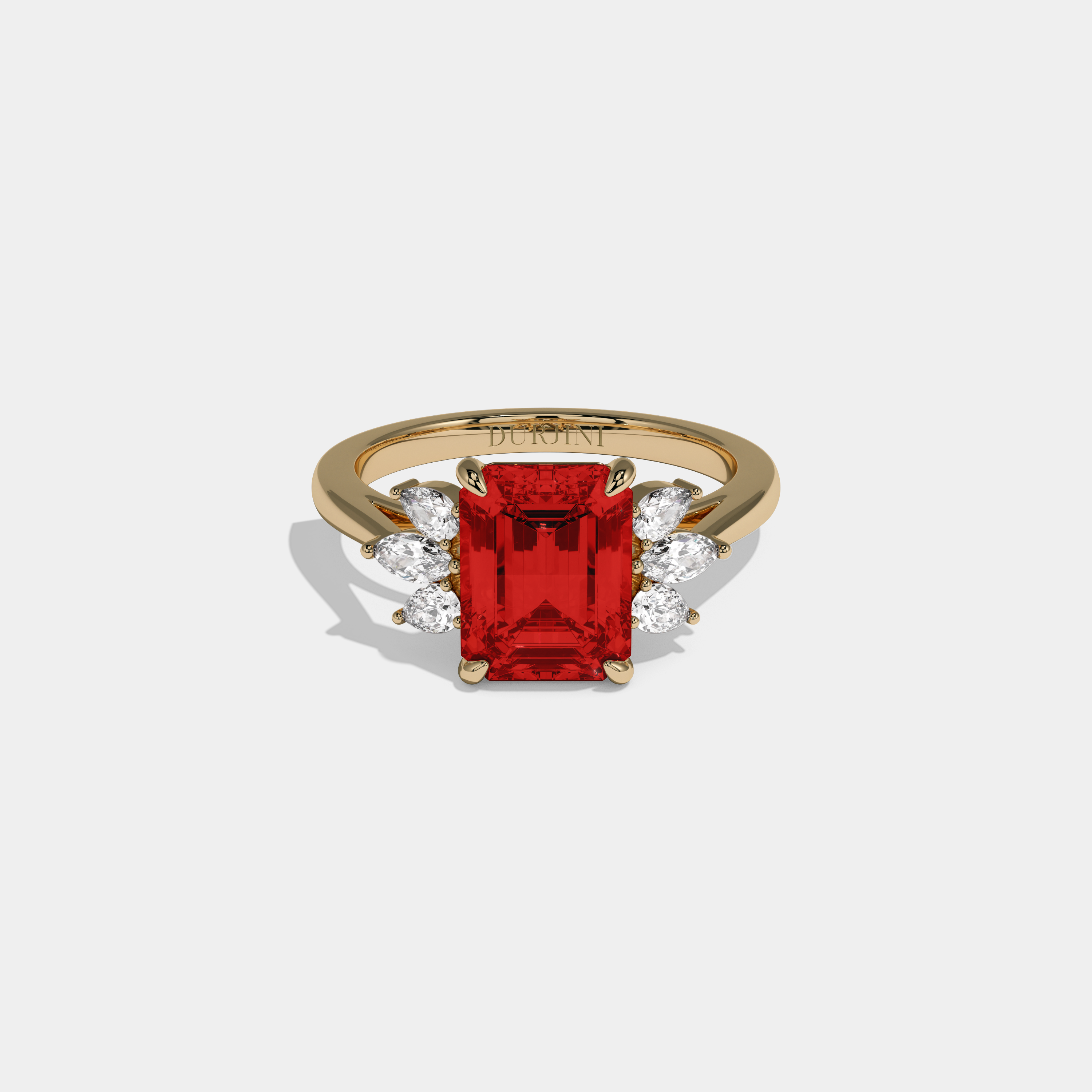 Elizabeth Fancy Red Emerald Cut Diamond Plain Band With Marquise Cut Sides Engagement Ring 6ct 18K Yellow Gold
