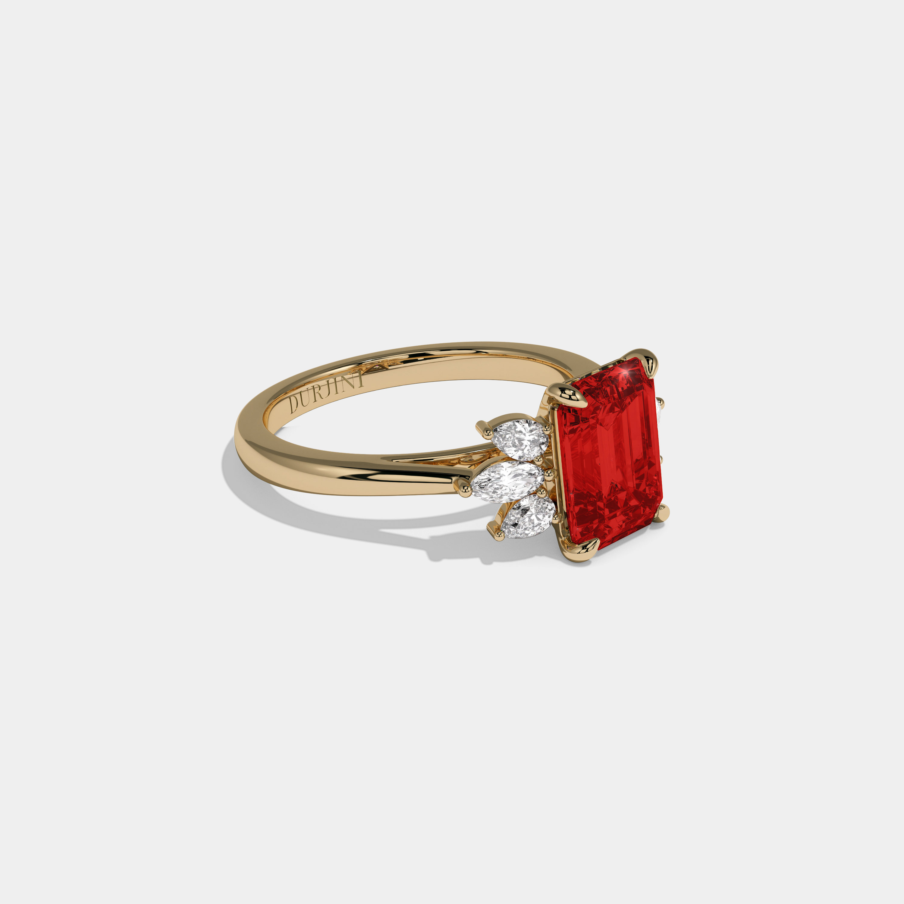 Elizabeth Fancy Red Emerald Cut Diamond Plain Band With Marquise Cut Sides Engagement Ring 6ct 18K Yellow Gold