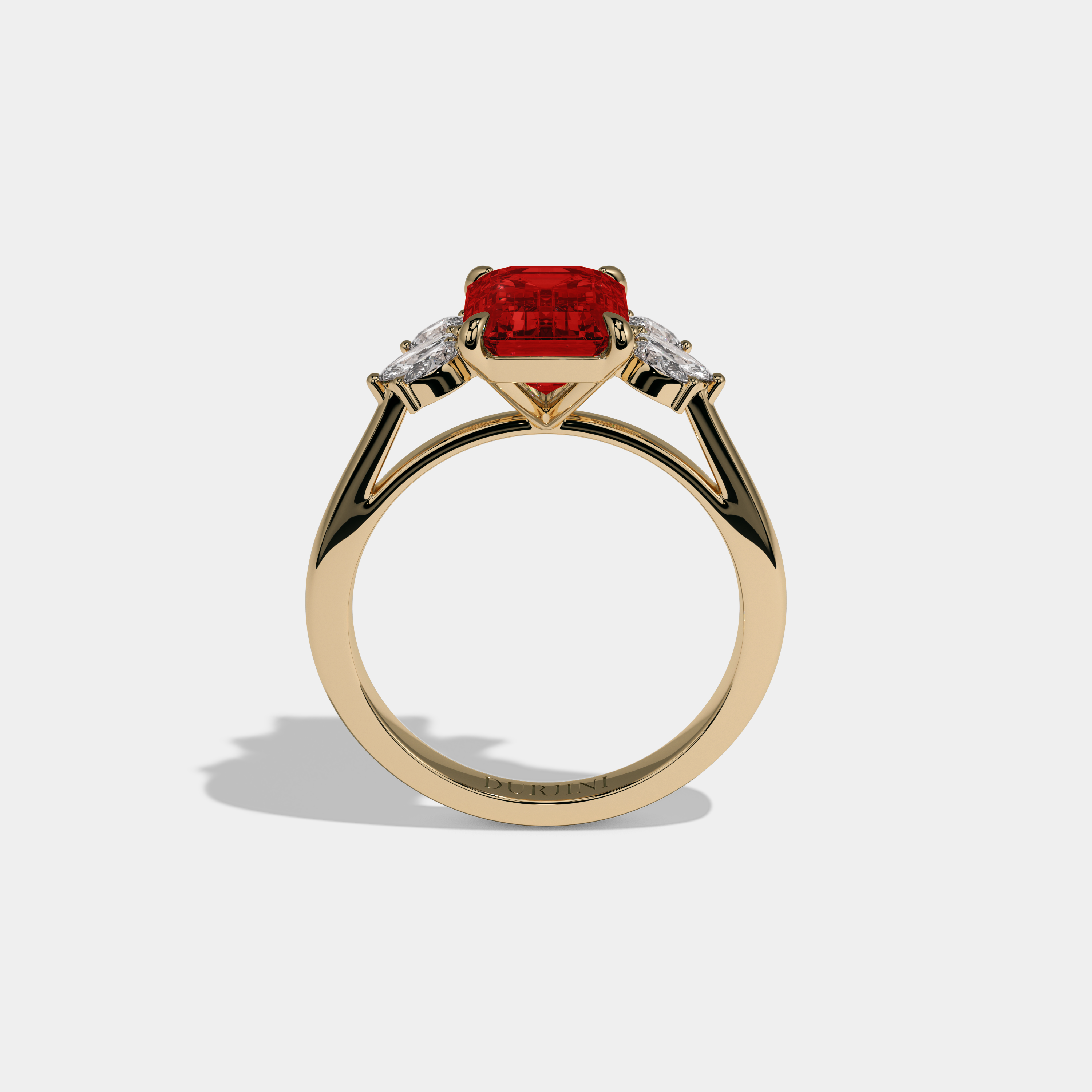 Elizabeth Fancy Red Emerald Cut Diamond Plain Band With Marquise Cut Sides Engagement Ring 6ct 18K Yellow Gold