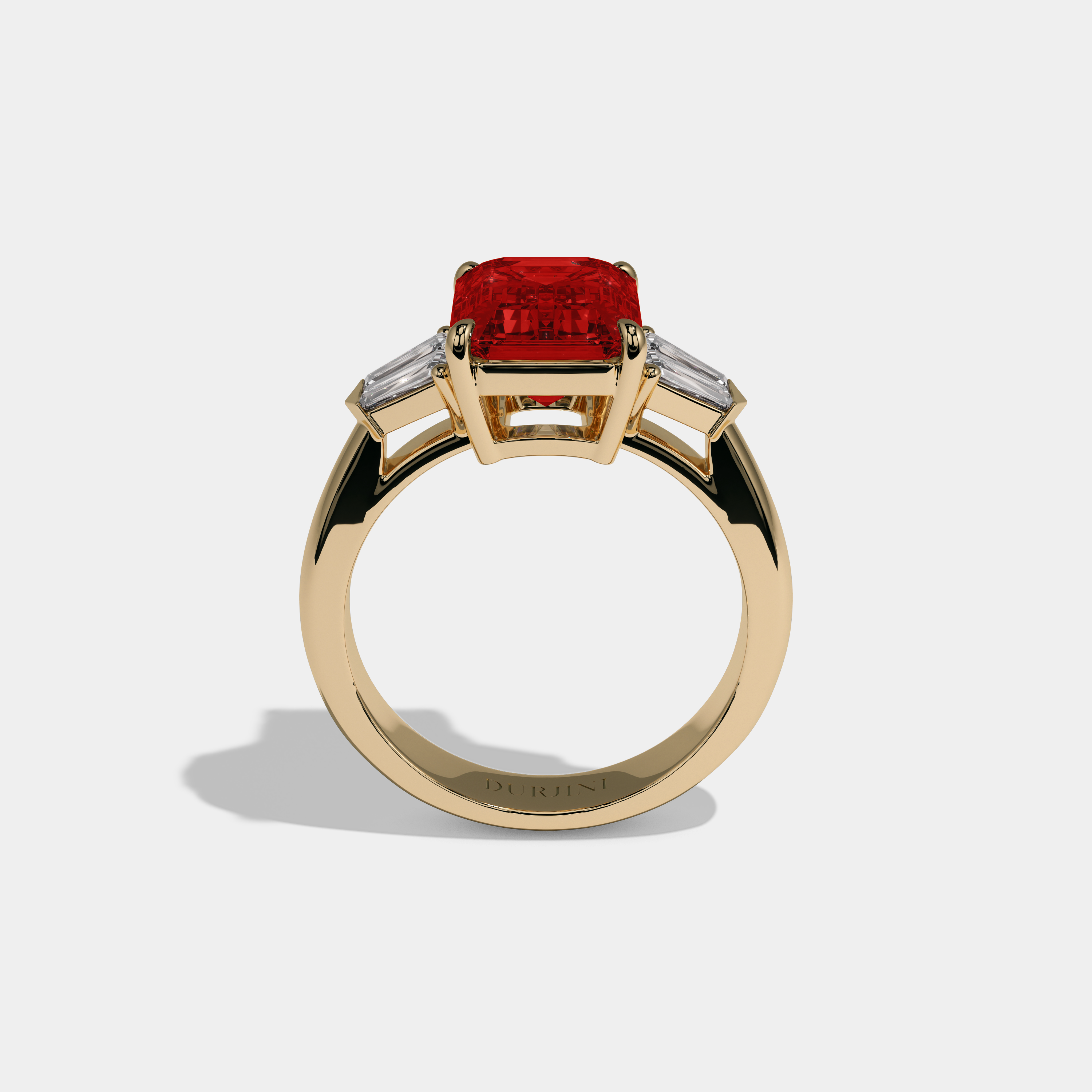 Eleanor Fancy Red Emerald Cut Diamond Plain Band With Baguette Sides Engagement Ring 6ct 18K Yellow Gold
