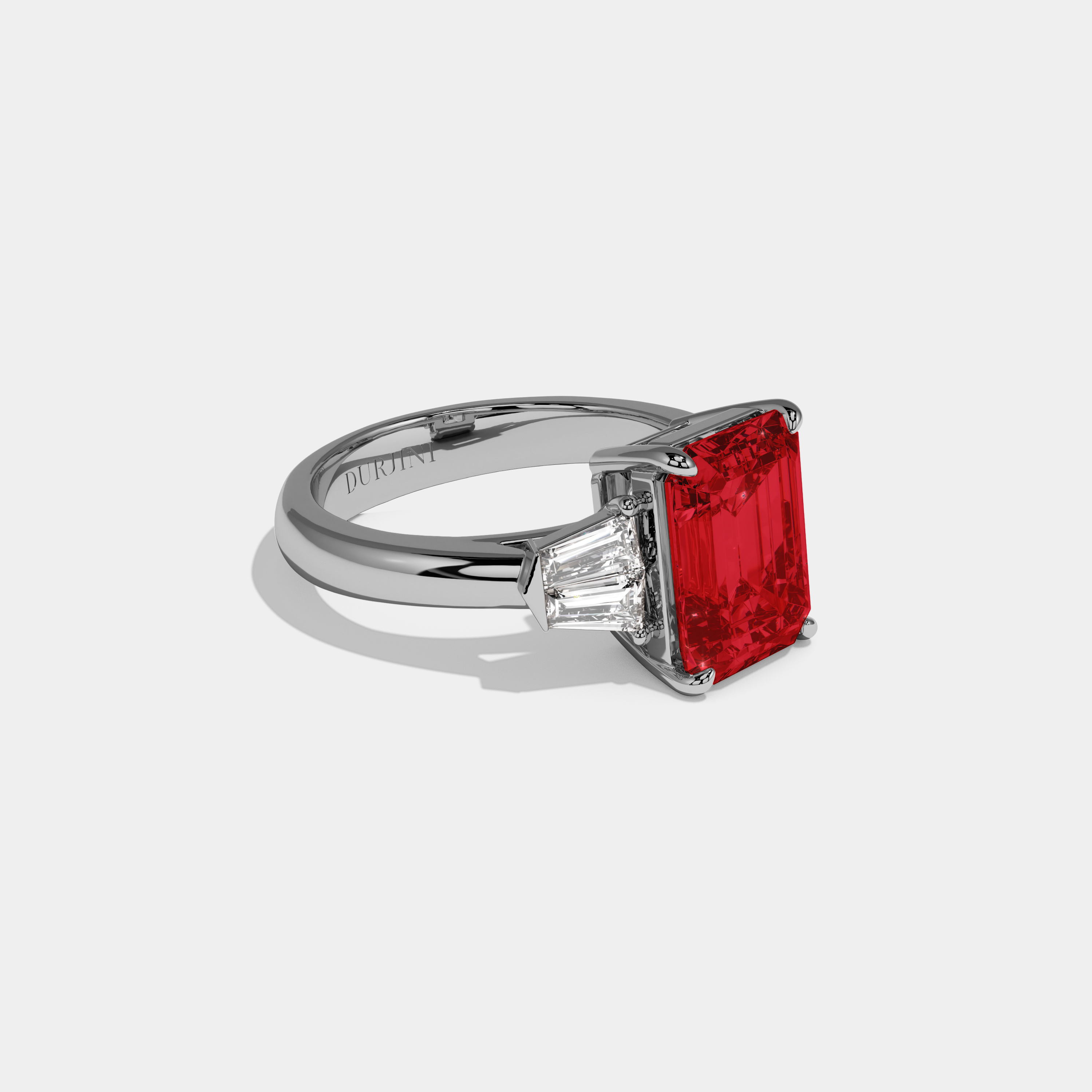 Anne Fancy Red Emerald Cut Diamond Plain Band With Baguette Sides Engagement Ring 6ct 18K White Gold