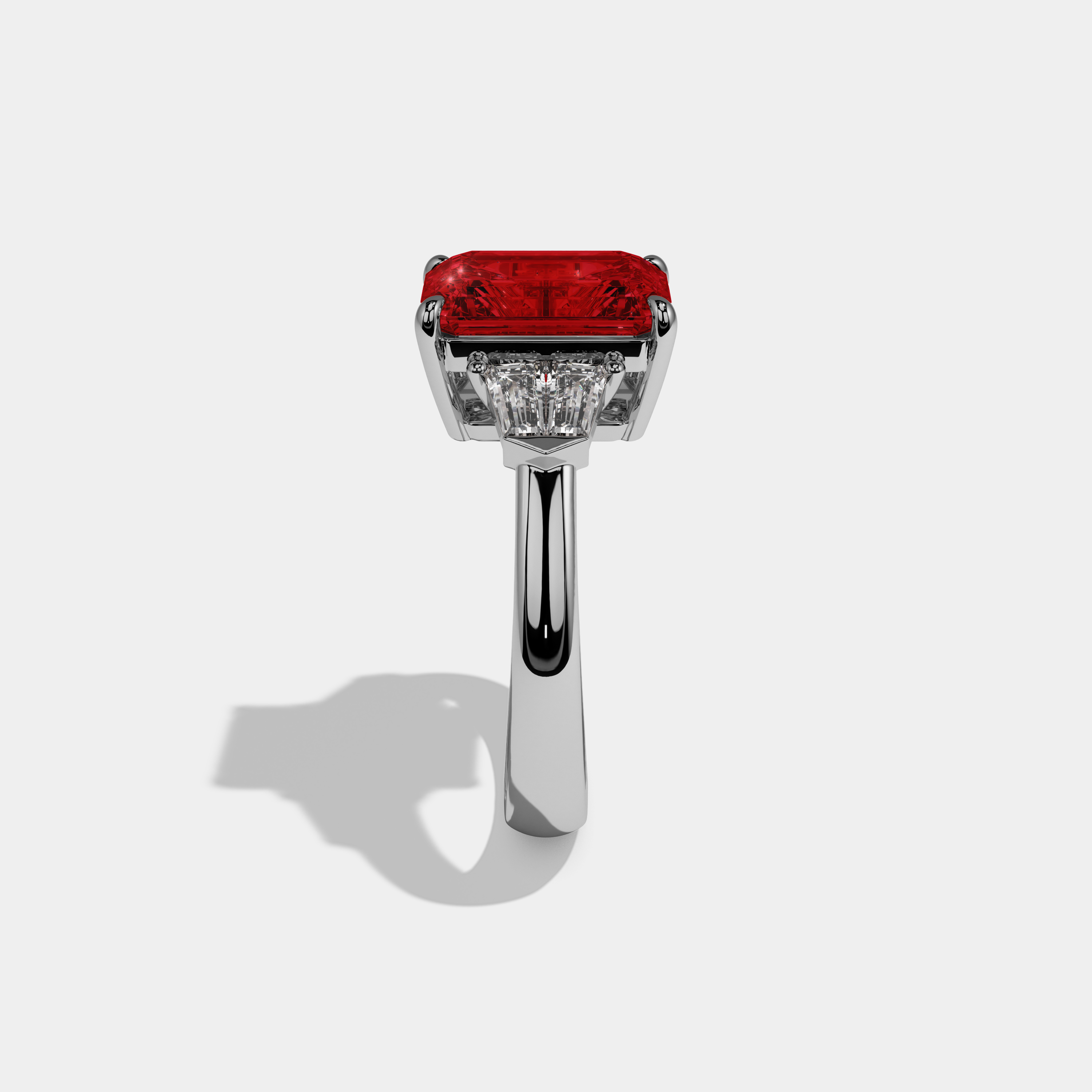 Anne Fancy Red Emerald Cut Diamond Plain Band With Baguette Sides Engagement Ring 6ct 18K White Gold