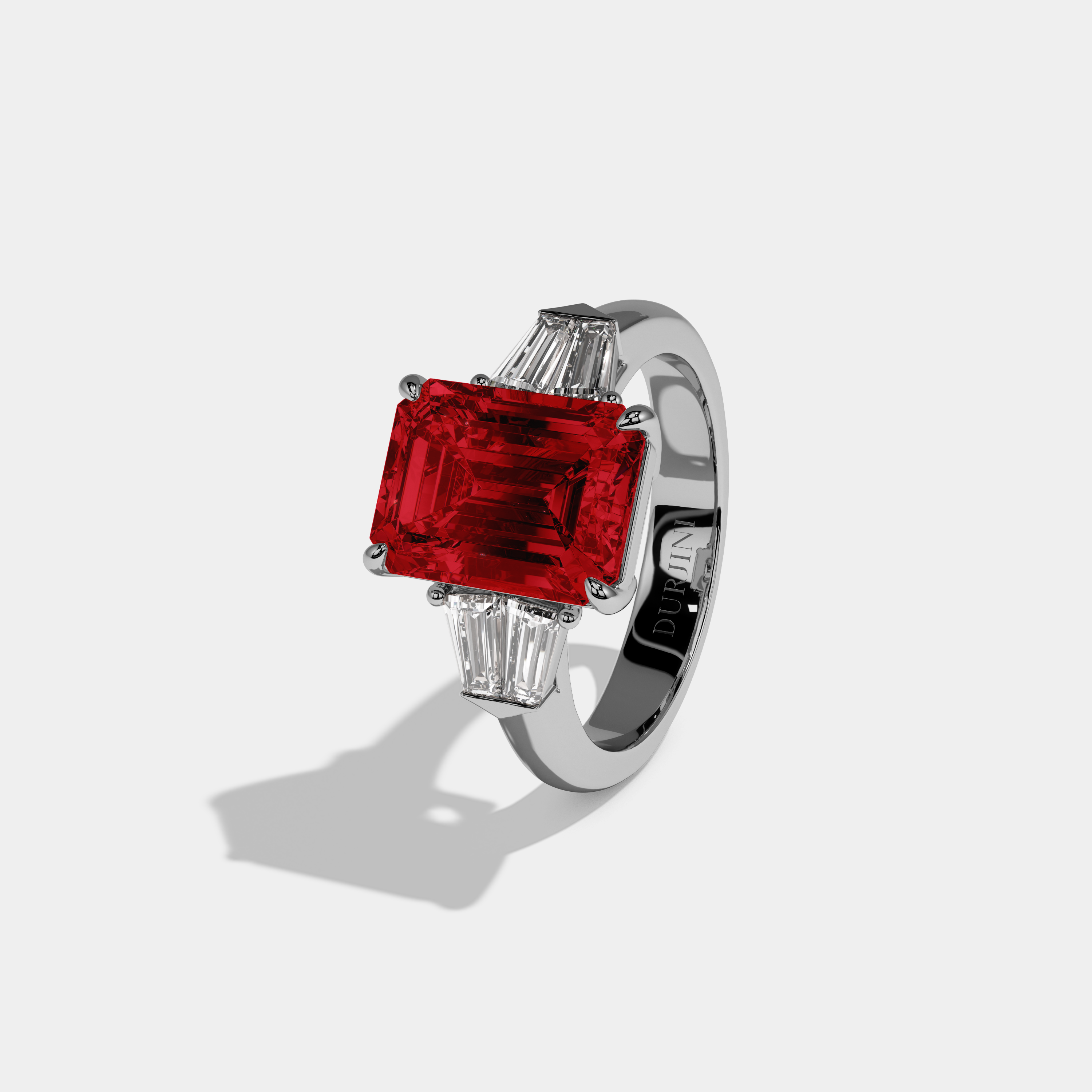 Anne Fancy Red Emerald Cut Diamond Plain Band With Baguette Sides Engagement Ring 6ct 18K White Gold