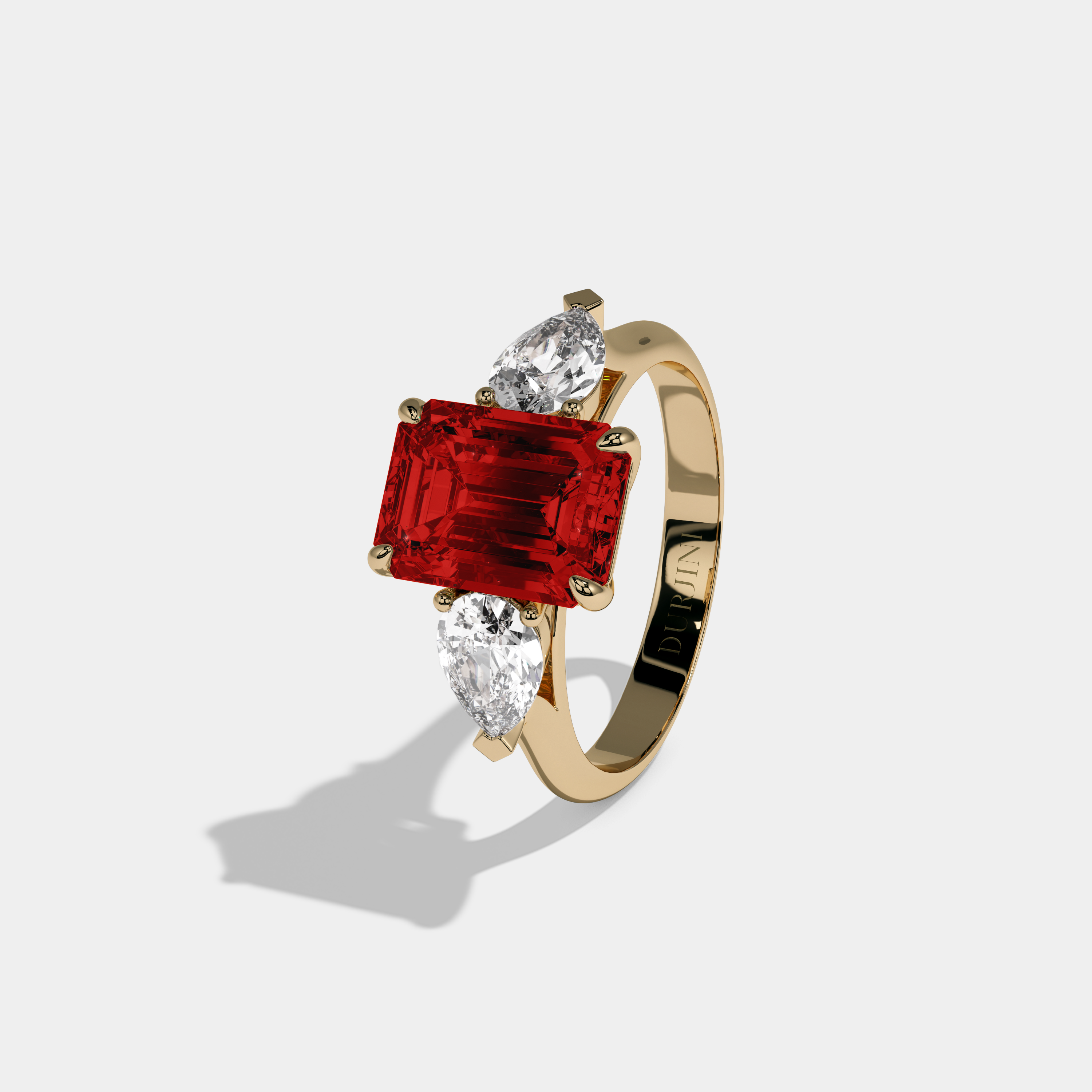 Theodora Fancy Red Emerald Cut Diamond Plain Band With Pear Cut Sides Engagement Ring 6ct 18K Yellow Gold