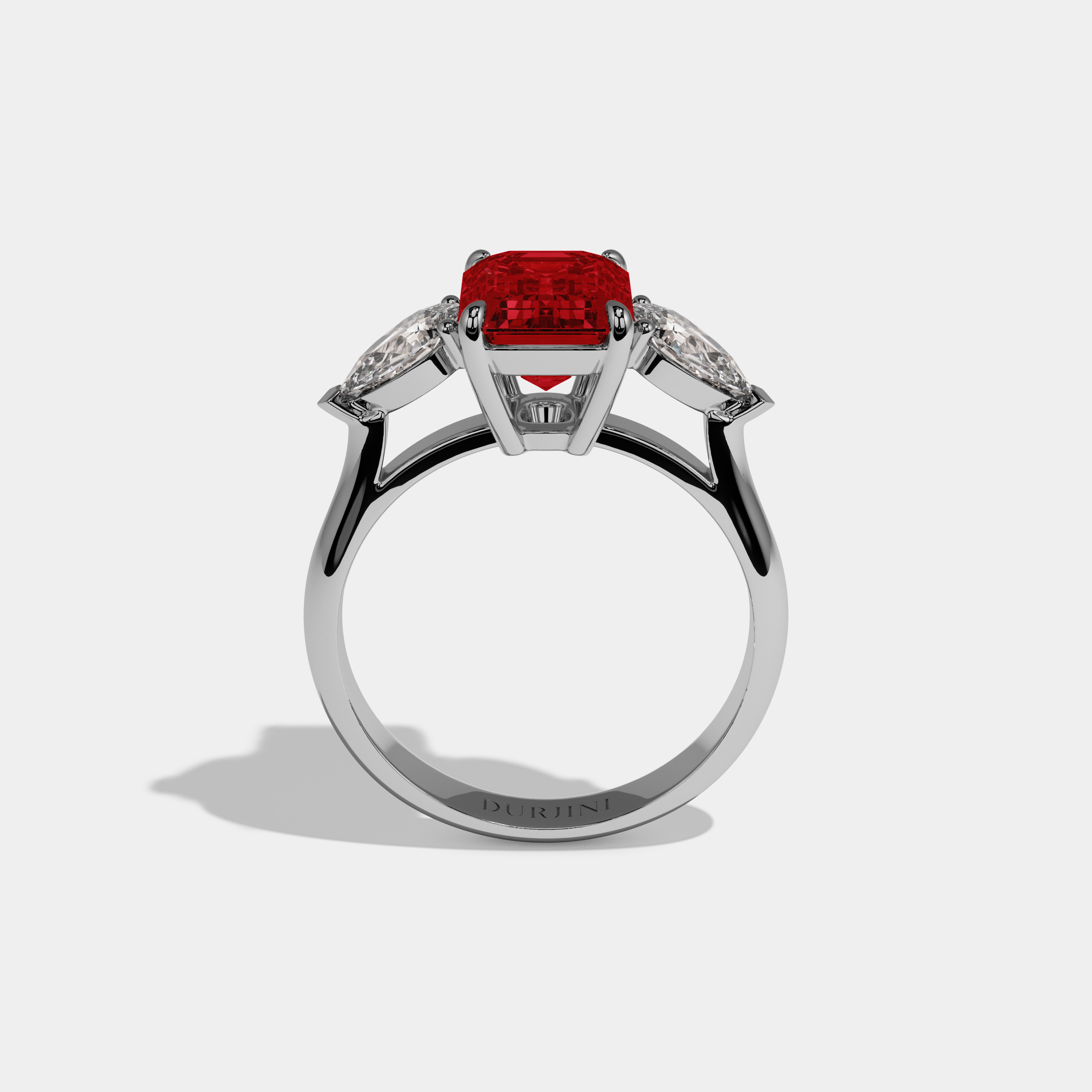 Georgiana Fancy Red Emerald Cut Diamond Plain Band With Pear Cut Sides Engagement Ring 6ct 18K White Gold