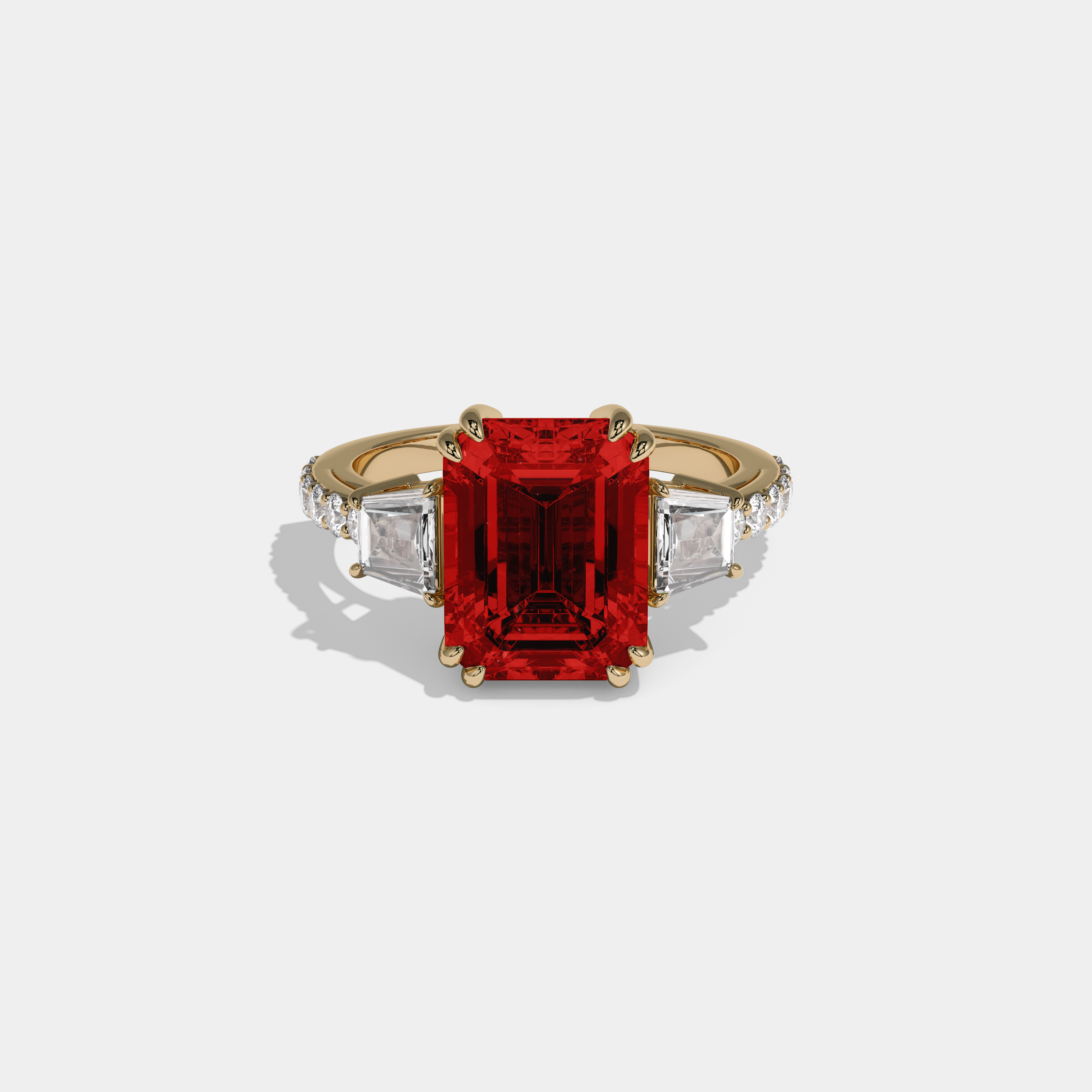 Eleanor Fancy Red Emerald Cut Diamond Band With Step Cut Sides Engagement Ring 7ct 18K Yellow Gold