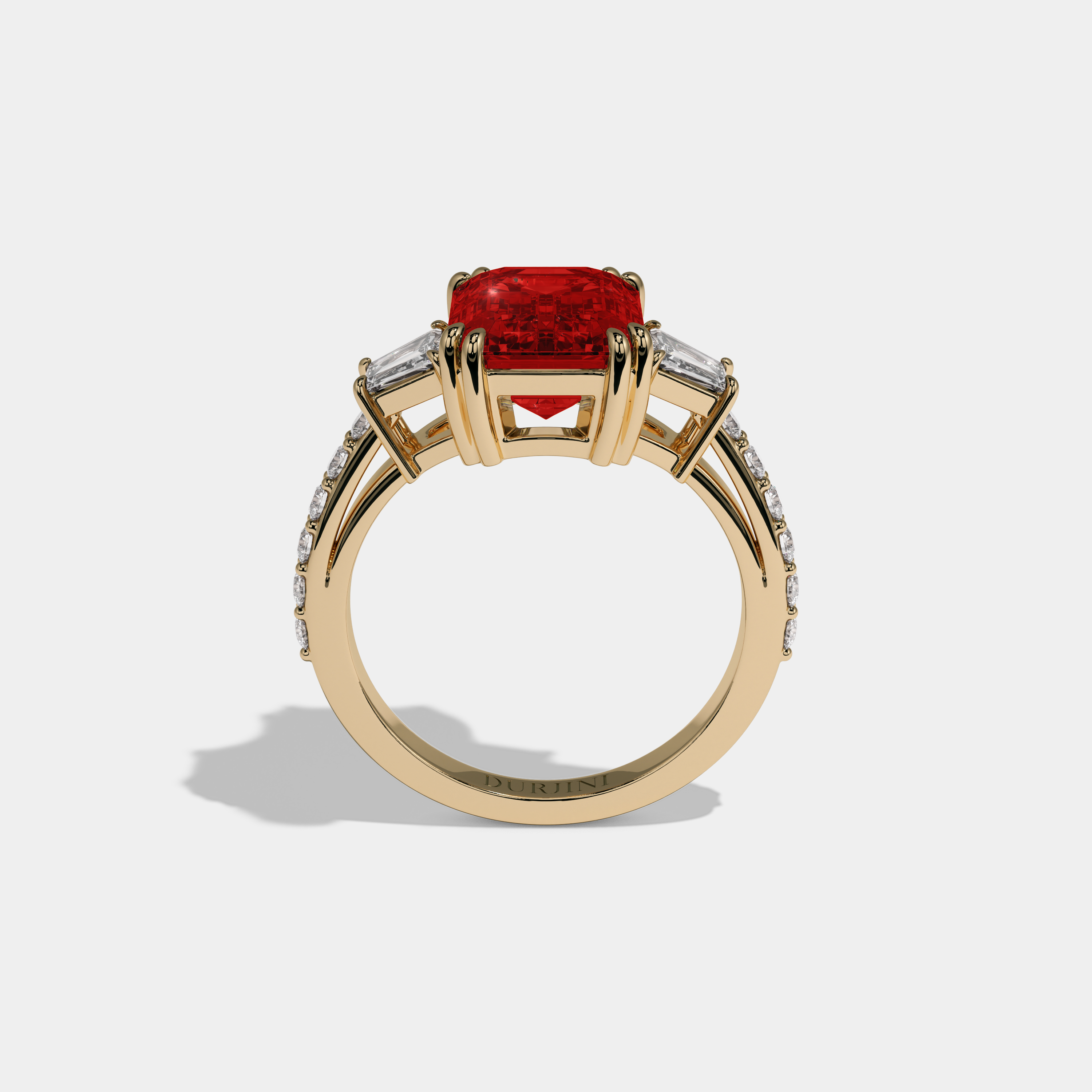 Eleanor Fancy Red Emerald Cut Diamond Band With Step Cut Sides Engagement Ring 7ct 18K Yellow Gold