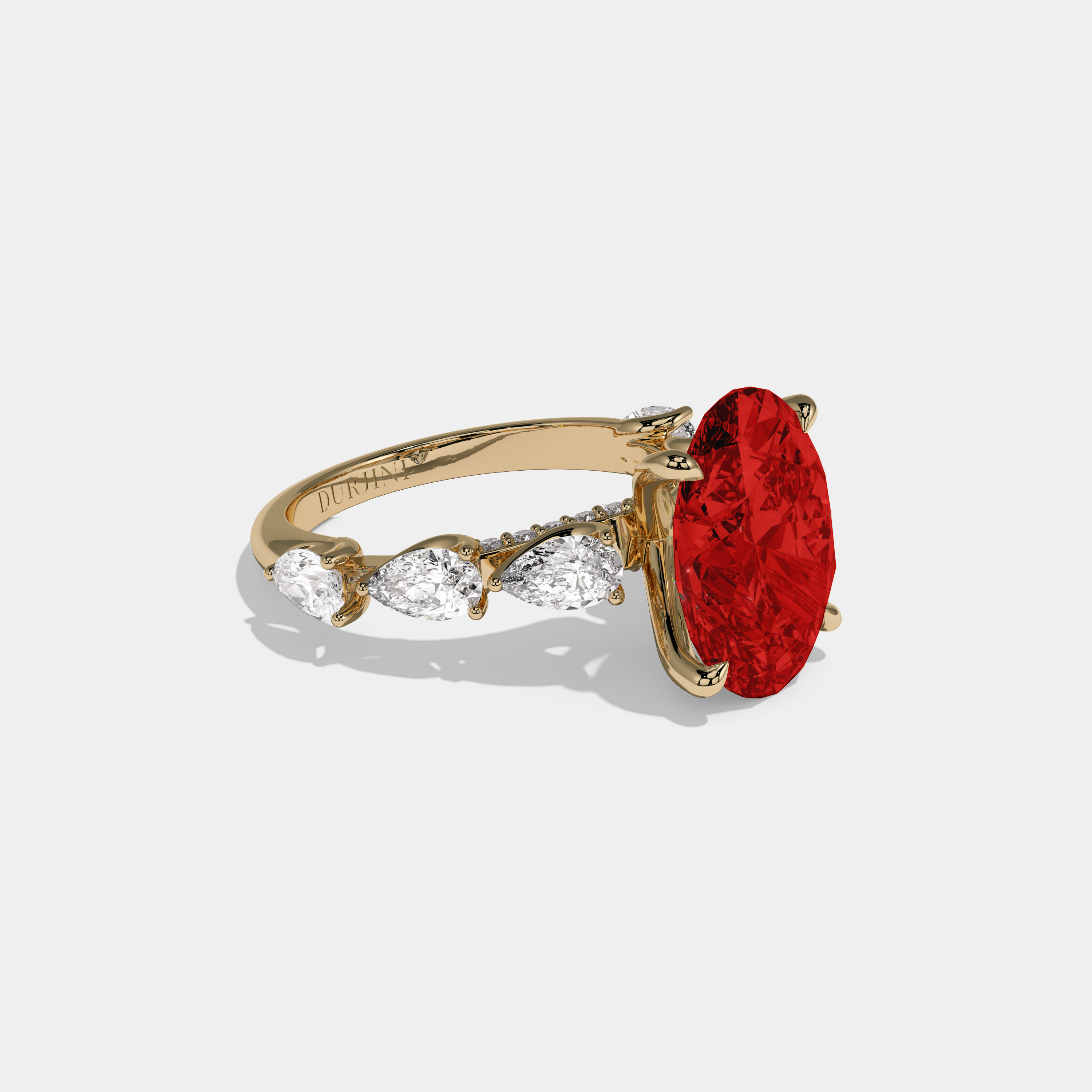 Isabella Fancy Red Oval Cut Diamond Band With Pear Cuts Engagement Ring 6ct 18K Yellow Gold