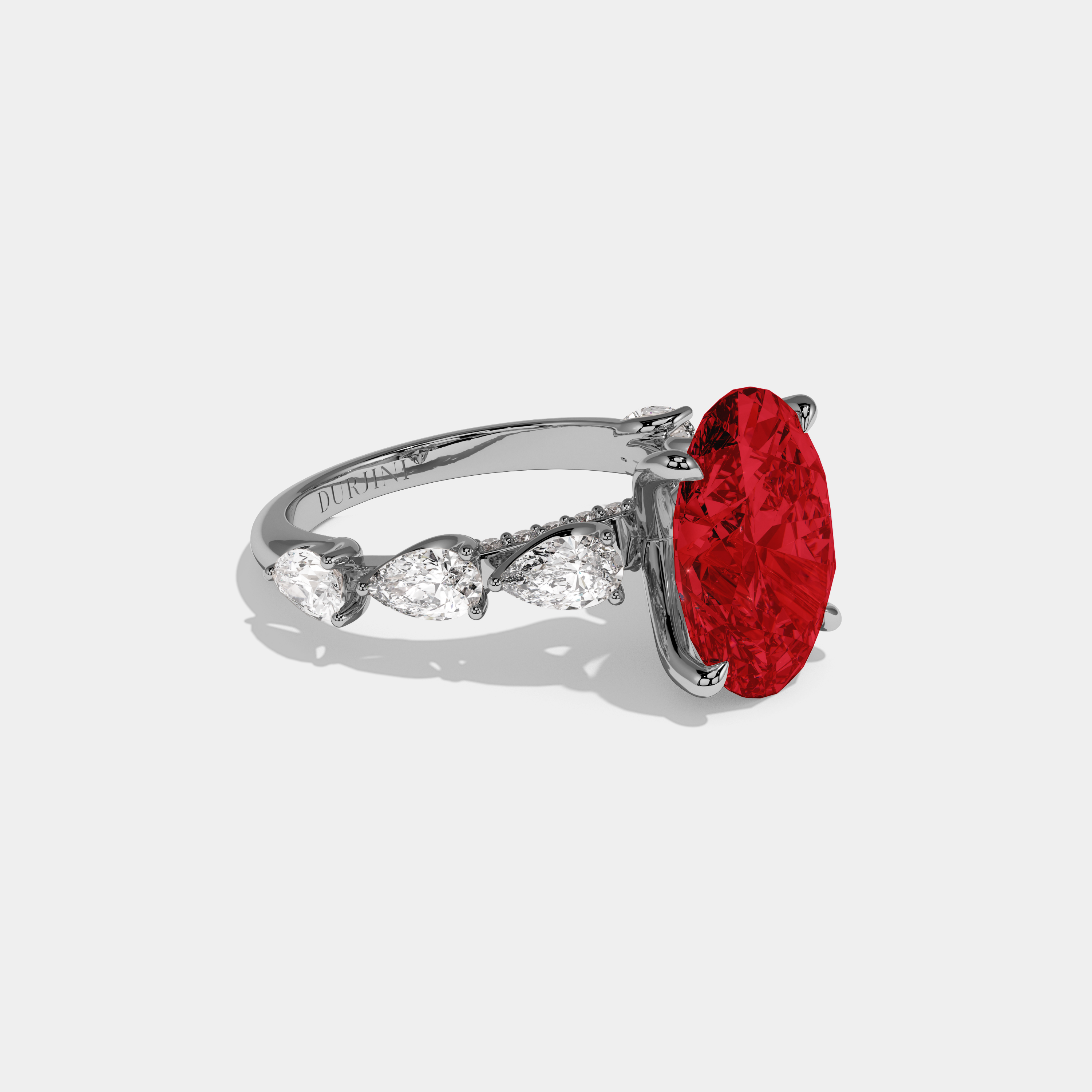 Eleanor Fancy Red Oval Cut Diamond Band With Pear Cuts Engagement Ring 6ct 18K White Gold