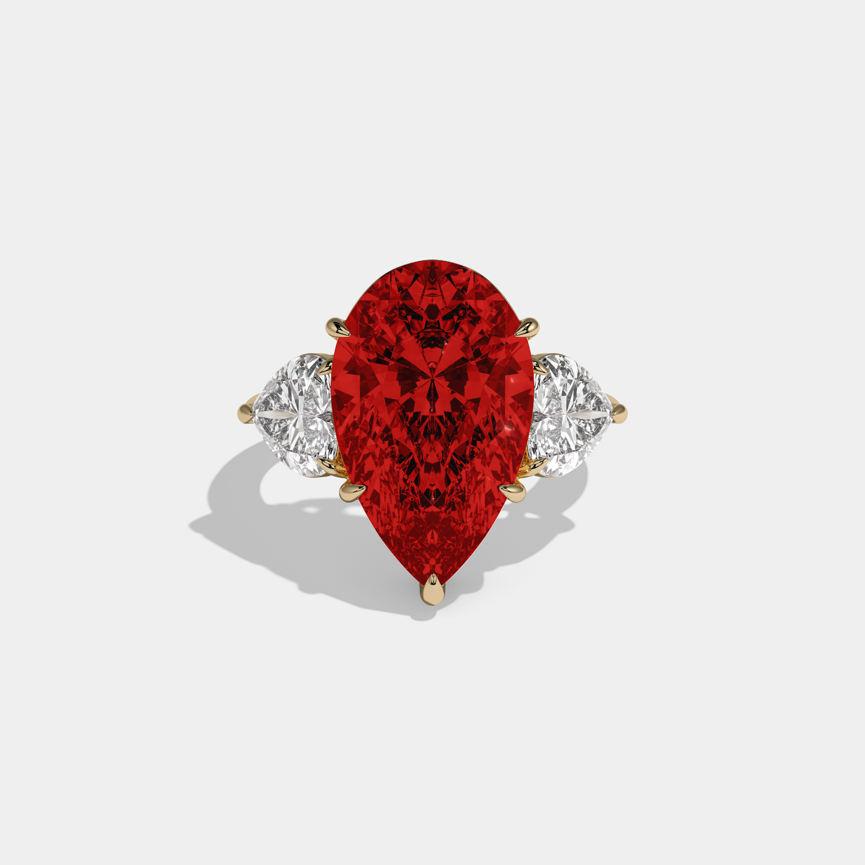 Isabella Fancy Red Pear Cut Diamond Plain Band With Heart Cut Sides Engagement Ring 6ct 18K Yellow Gold