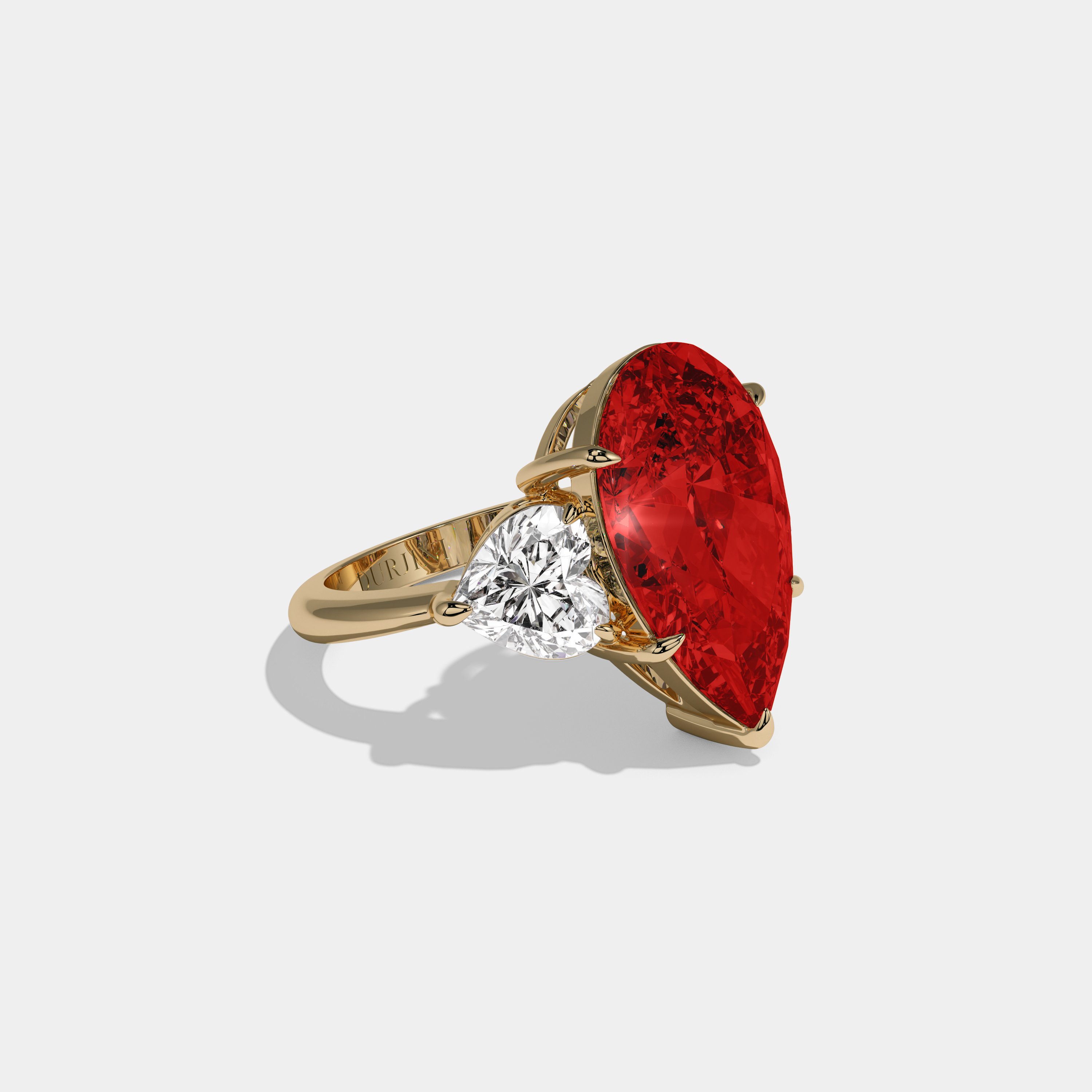 Isabella Fancy Red Pear Cut Diamond Plain Band With Heart Cut Sides Engagement Ring 6ct 18K Yellow Gold