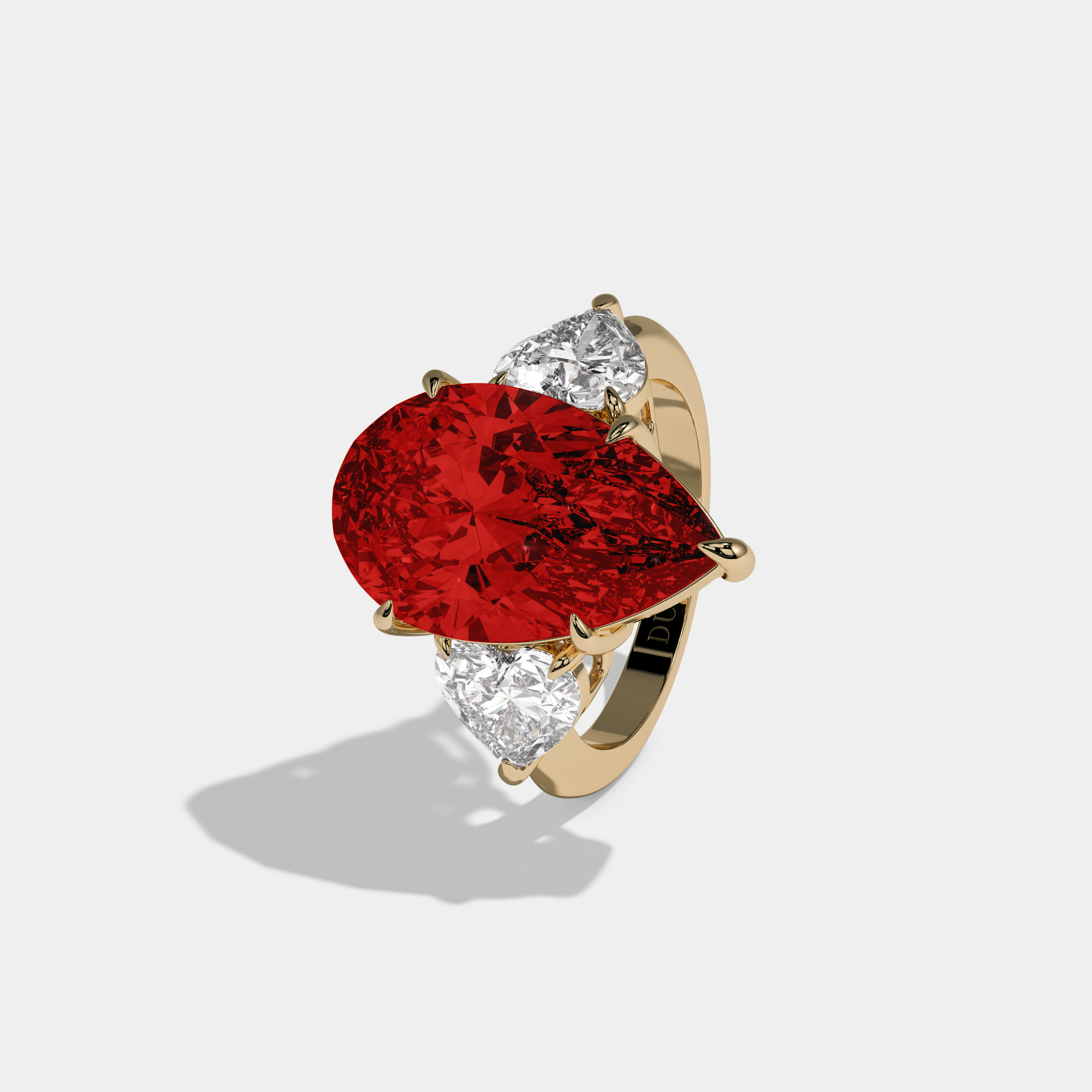 Isabella Fancy Red Pear Cut Diamond Plain Band With Heart Cut Sides Engagement Ring 6ct 18K Yellow Gold