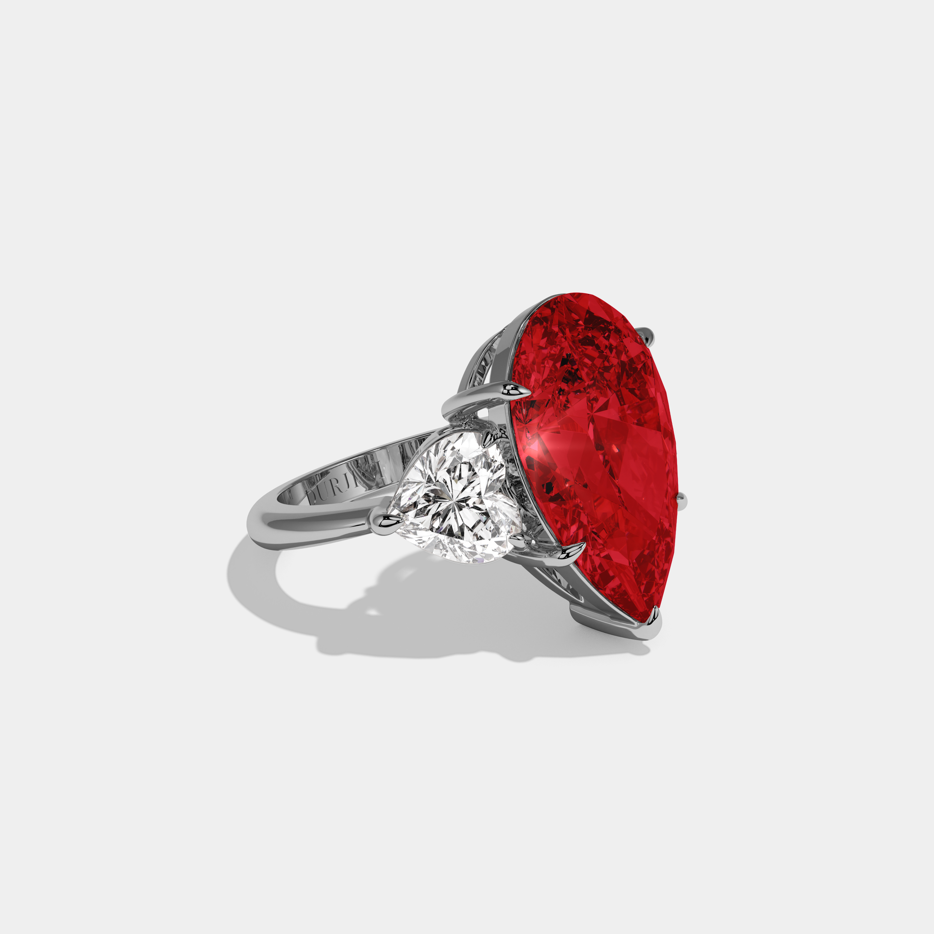 Eleanor Fancy Red Pear Cut Diamond Plain Band With Heart Cut Sides Engagement Ring 6ct 18K White Gold