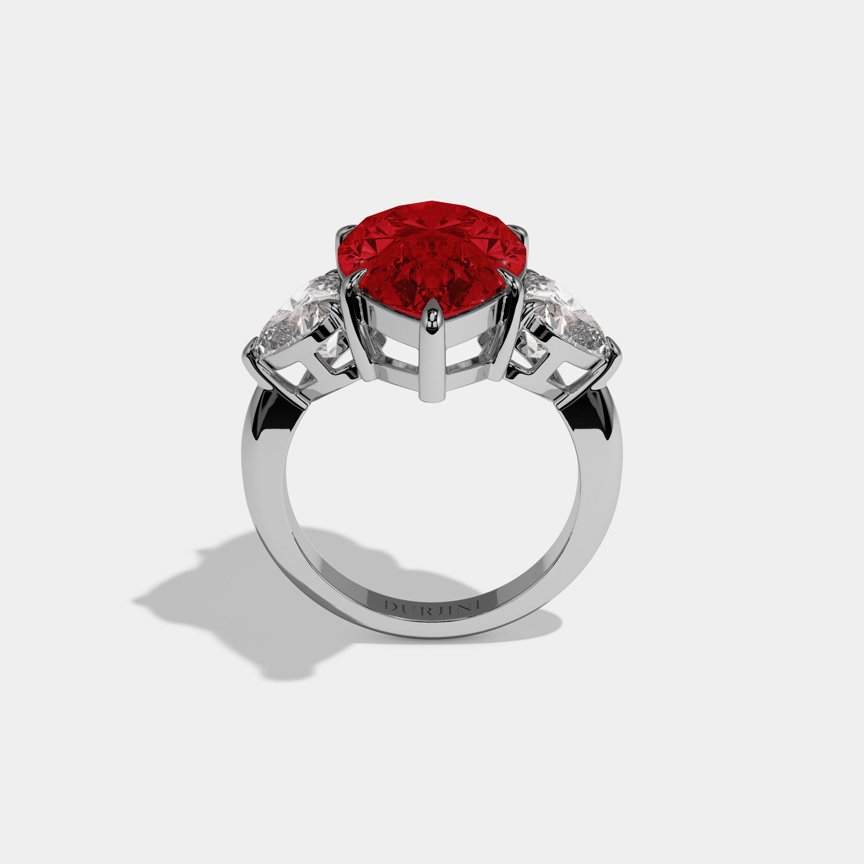 Eleanor Fancy Red Pear Cut Diamond Plain Band With Heart Cut Sides Engagement Ring 6ct 18K White Gold