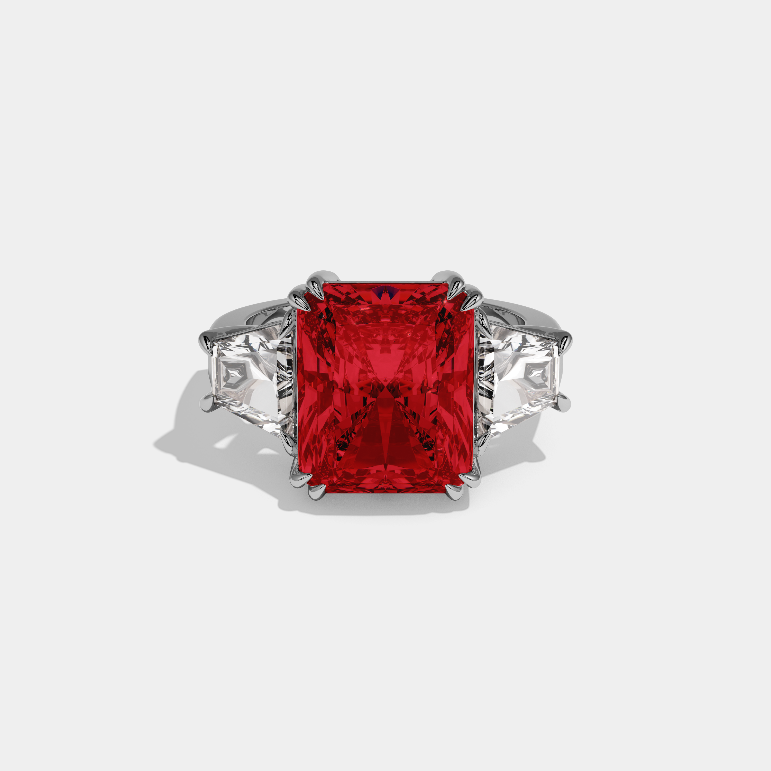 Caroline Fancy Red Radiant Cut Diamond Plain Band With Trapezoid Sides Engagement Ring 7ct 18K White Gold