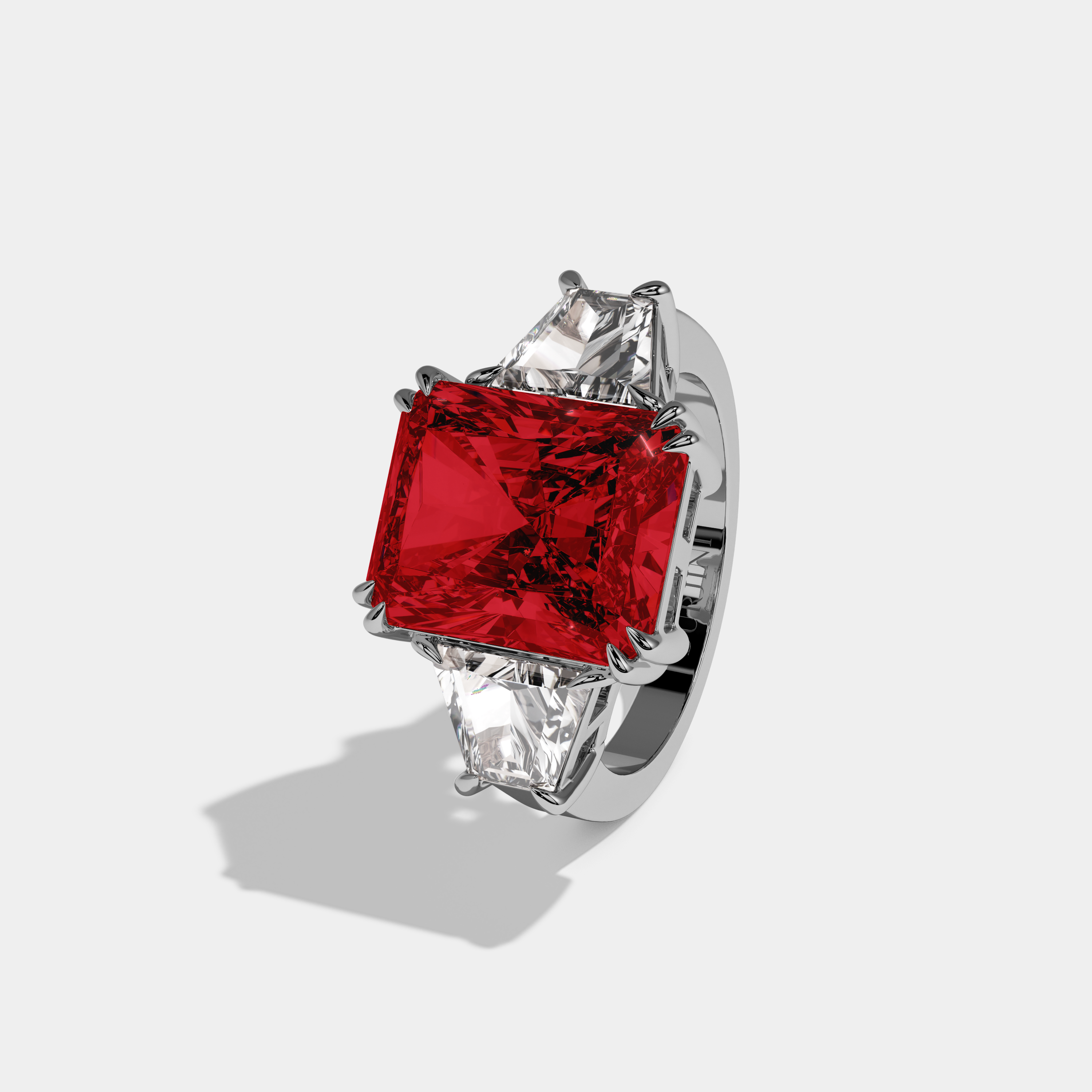 Caroline Fancy Red Radiant Cut Diamond Plain Band With Trapezoid Sides Engagement Ring 7ct 18K White Gold