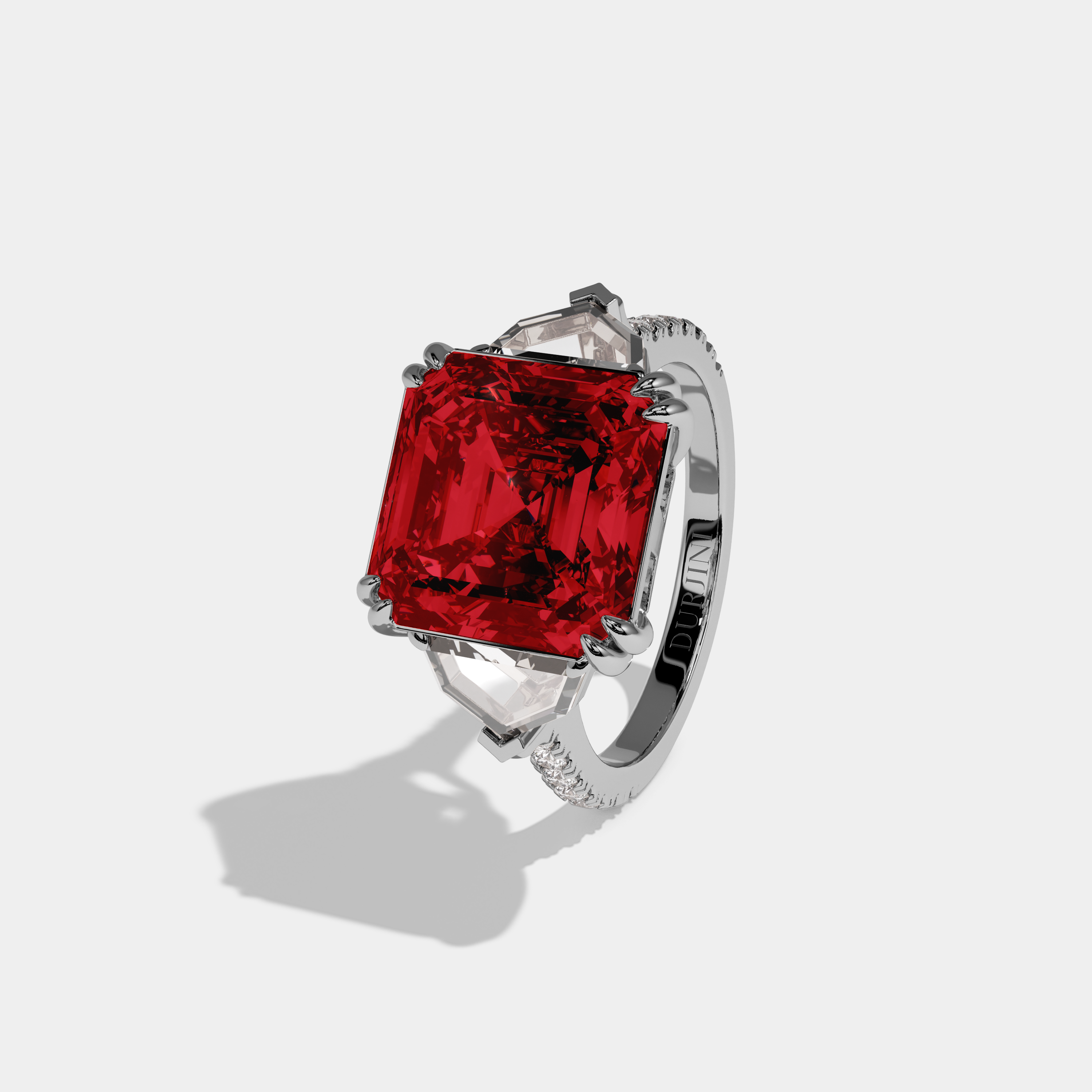 Caroline Fancy Red Asscher Cut Diamond Band With Pentagon Sides Engagement Ring 8ct 18K White Gold