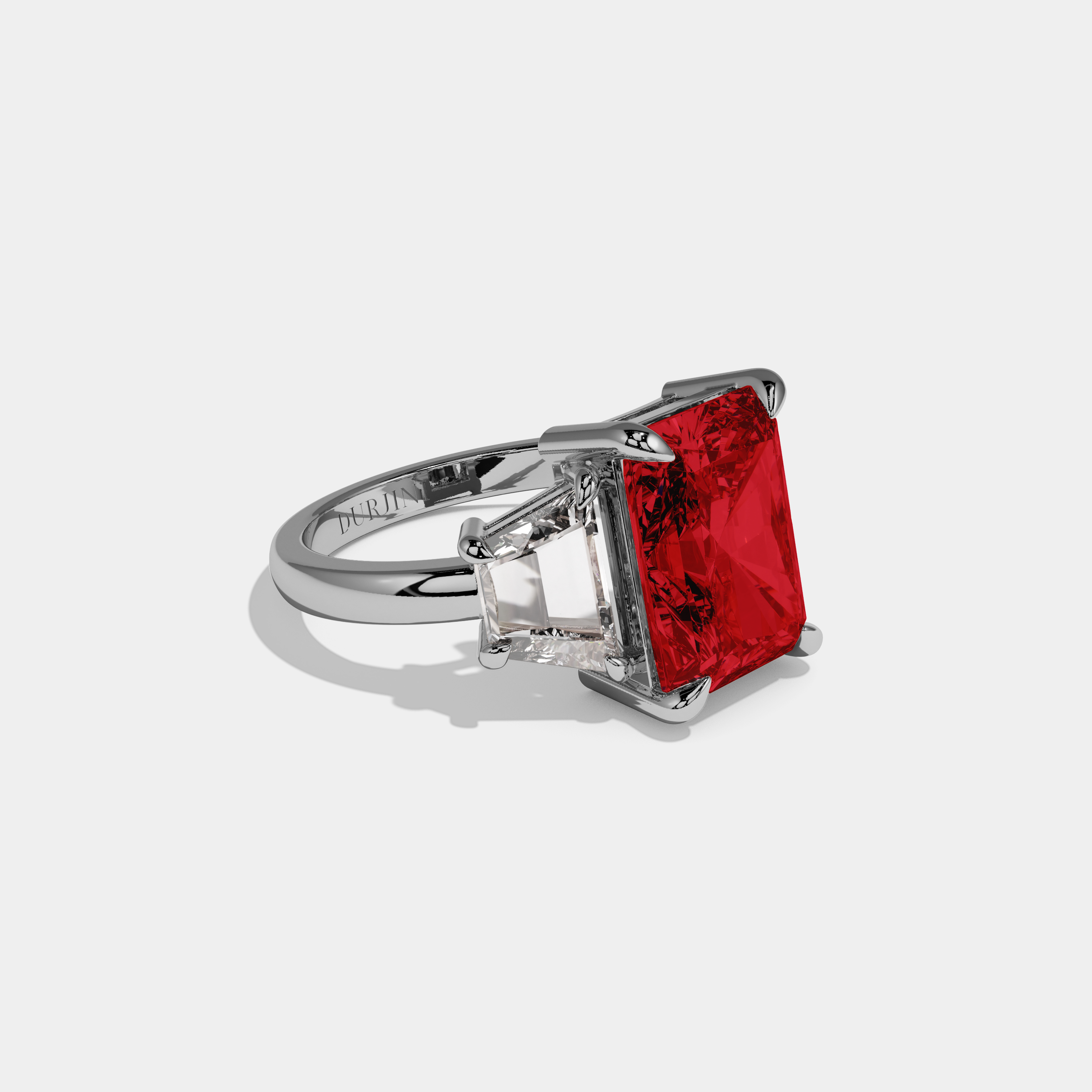 Catherine Fancy Red Radiant Cut Diamond Plain Band With Step Cut Sides Engagement Ring 8ct 18K White Gold