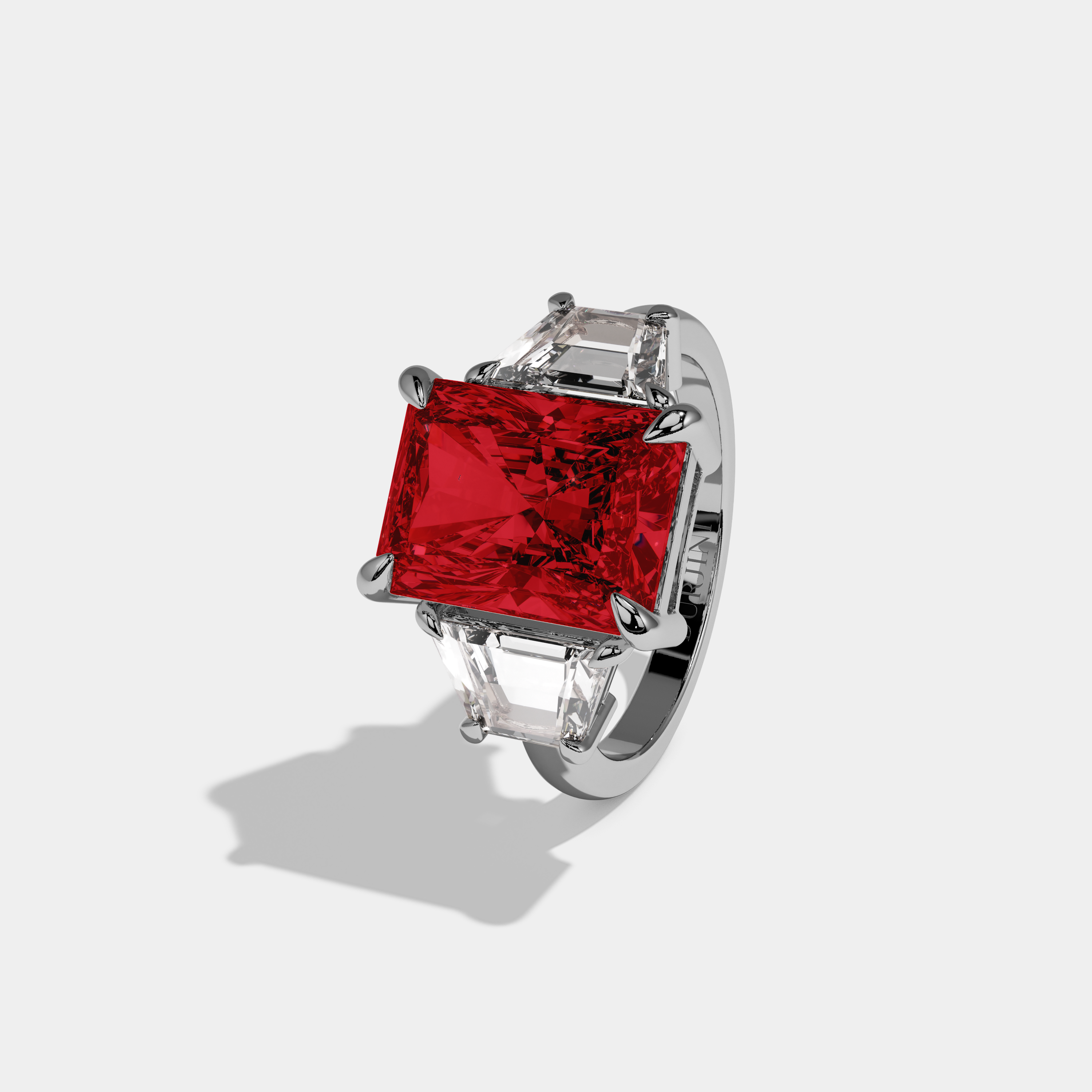 Catherine Fancy Red Radiant Cut Diamond Plain Band With Step Cut Sides Engagement Ring 8ct 18K White Gold