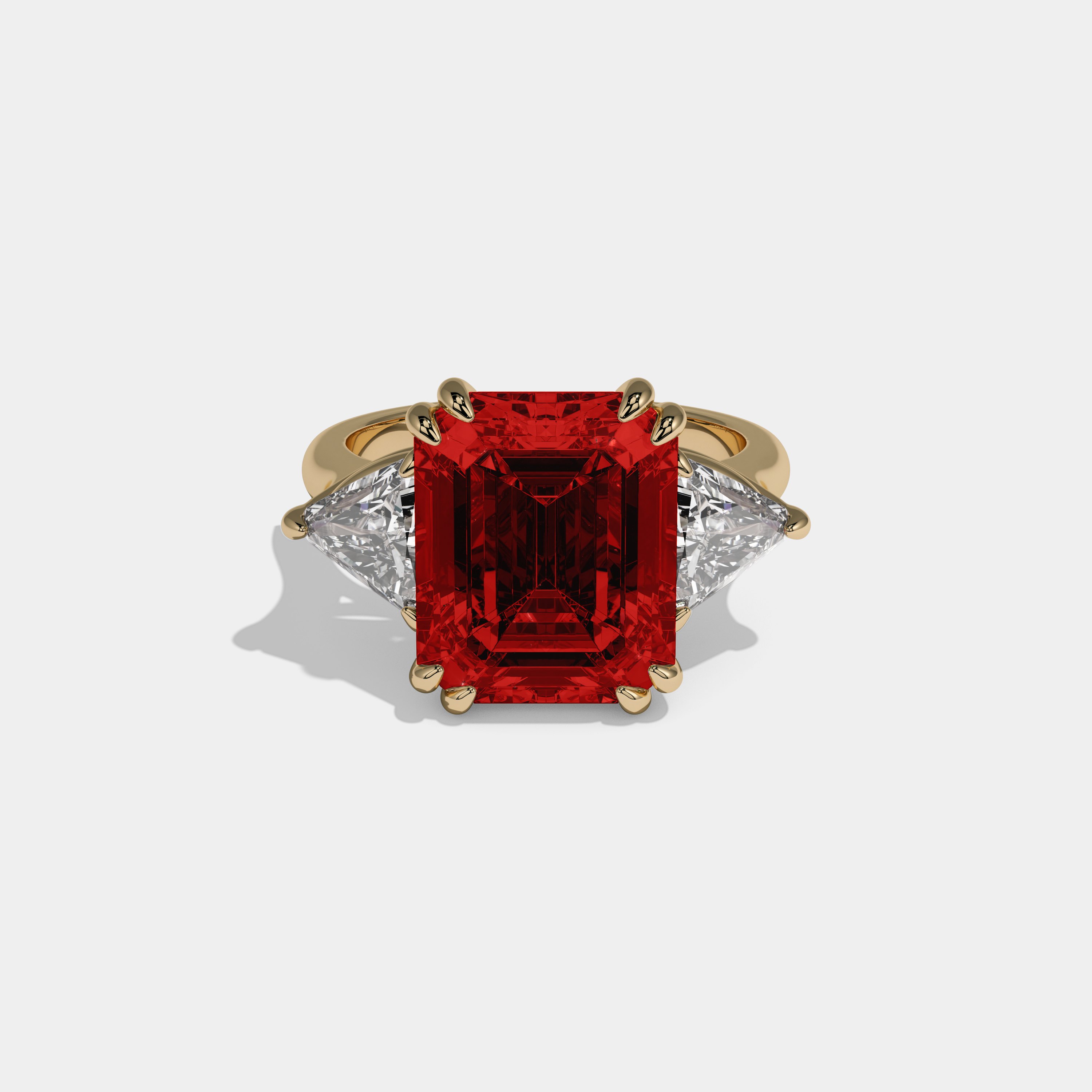 Sophia Fancy Red Emerald Cut Diamond Plain Band With Triangle Cuts Engagement Ring 6.5ct 18K Yellow Gold