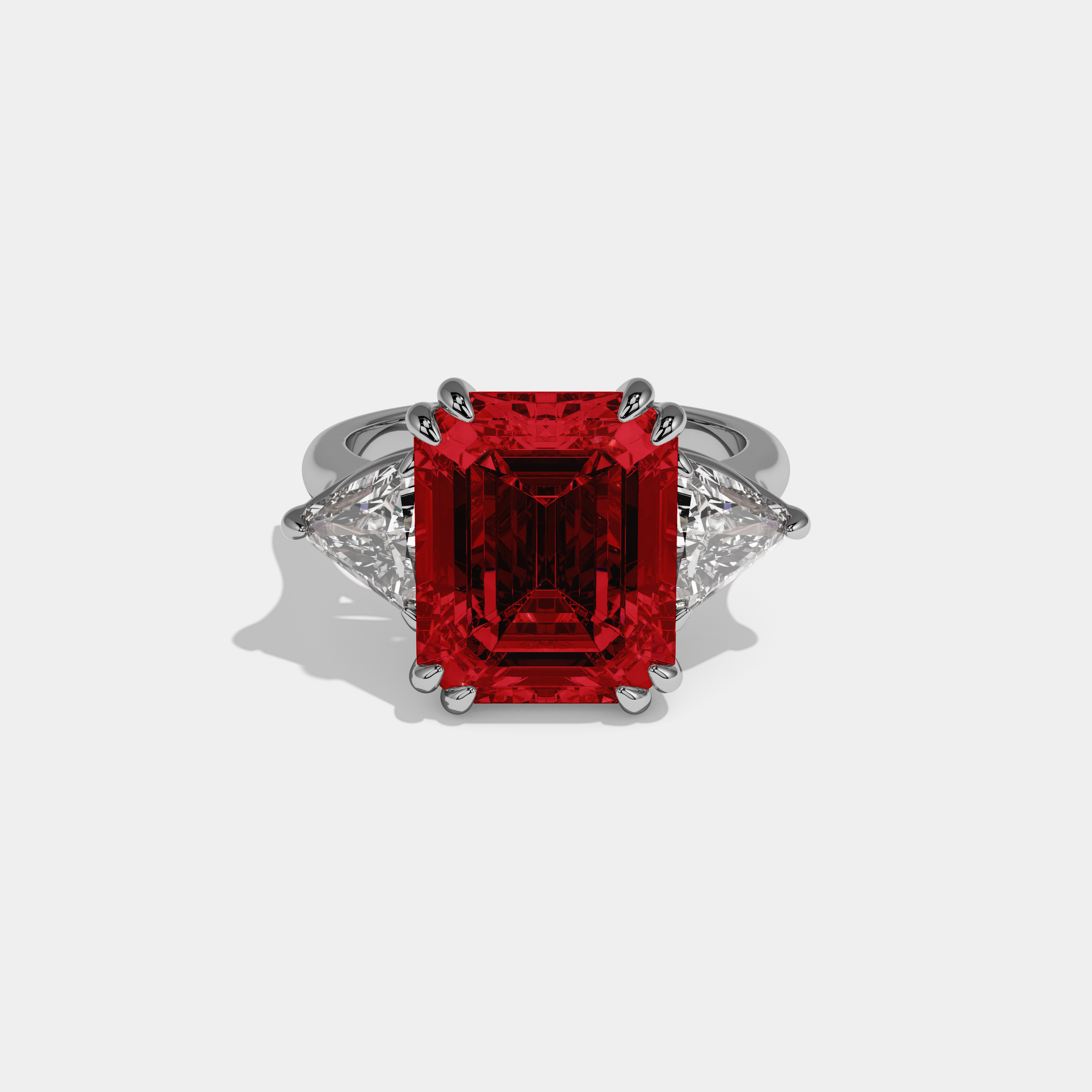 Eleanor Fancy Red Emerald Cut Diamond Plain Band With Triangle Cuts Engagement Ring 6.5ct 18K White Gold