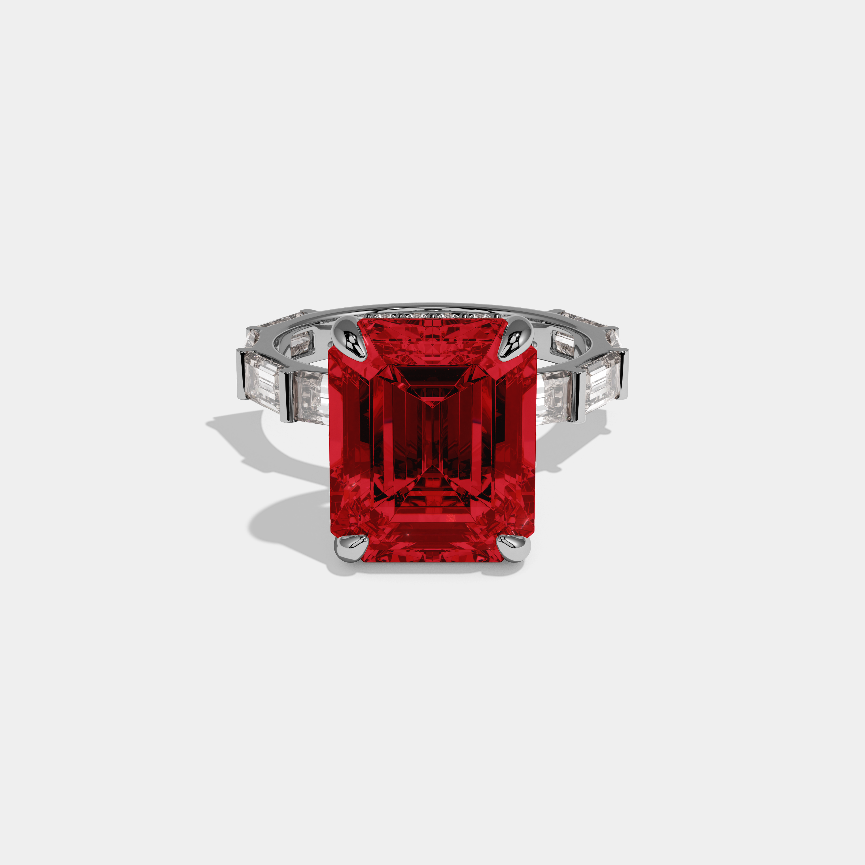 Eleanor Fancy Red Emerald Cut Diamond Emerald Band Engagement Ring 7ct 18K White Gold