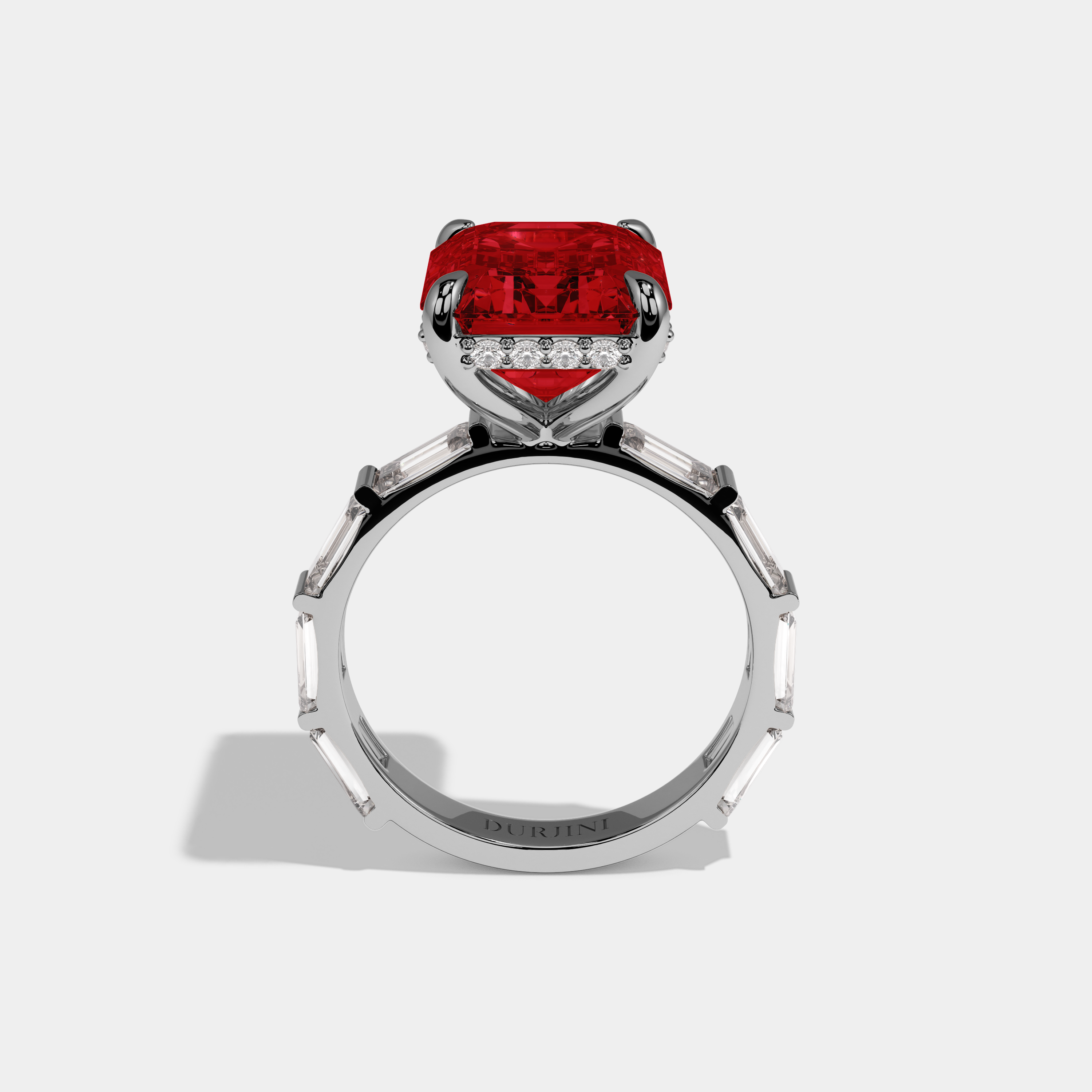 Eleanor Fancy Red Emerald Cut Diamond Emerald Band Engagement Ring 7ct 18K White Gold