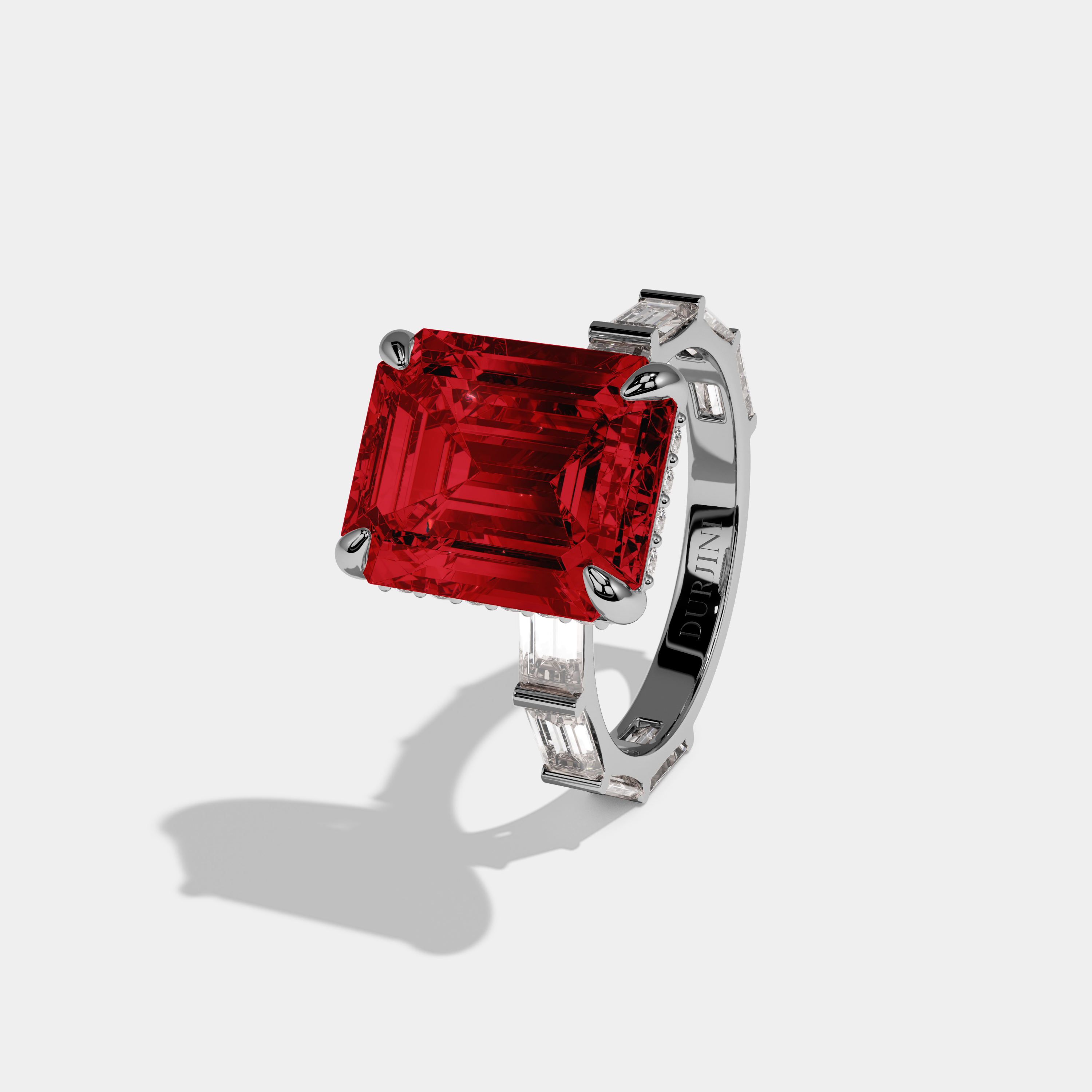 Eleanor Fancy Red Emerald Cut Diamond Emerald Band Engagement Ring 7ct 18K White Gold