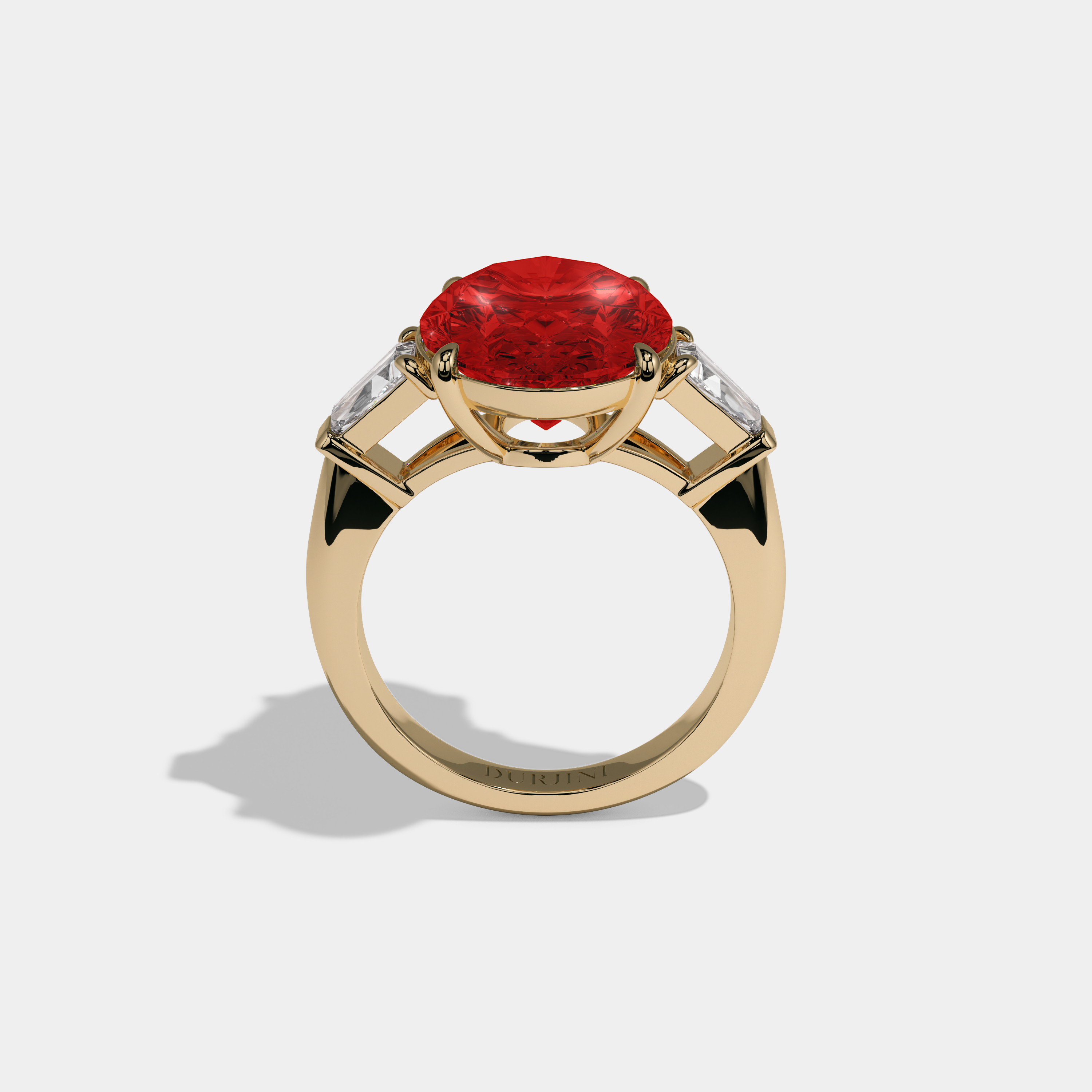 Sophia Fancy Red Oval Cut Diamond Plain Band With Tapered Baguette Cut Sides Engagement Ring 8ct 18K Yellow Gold