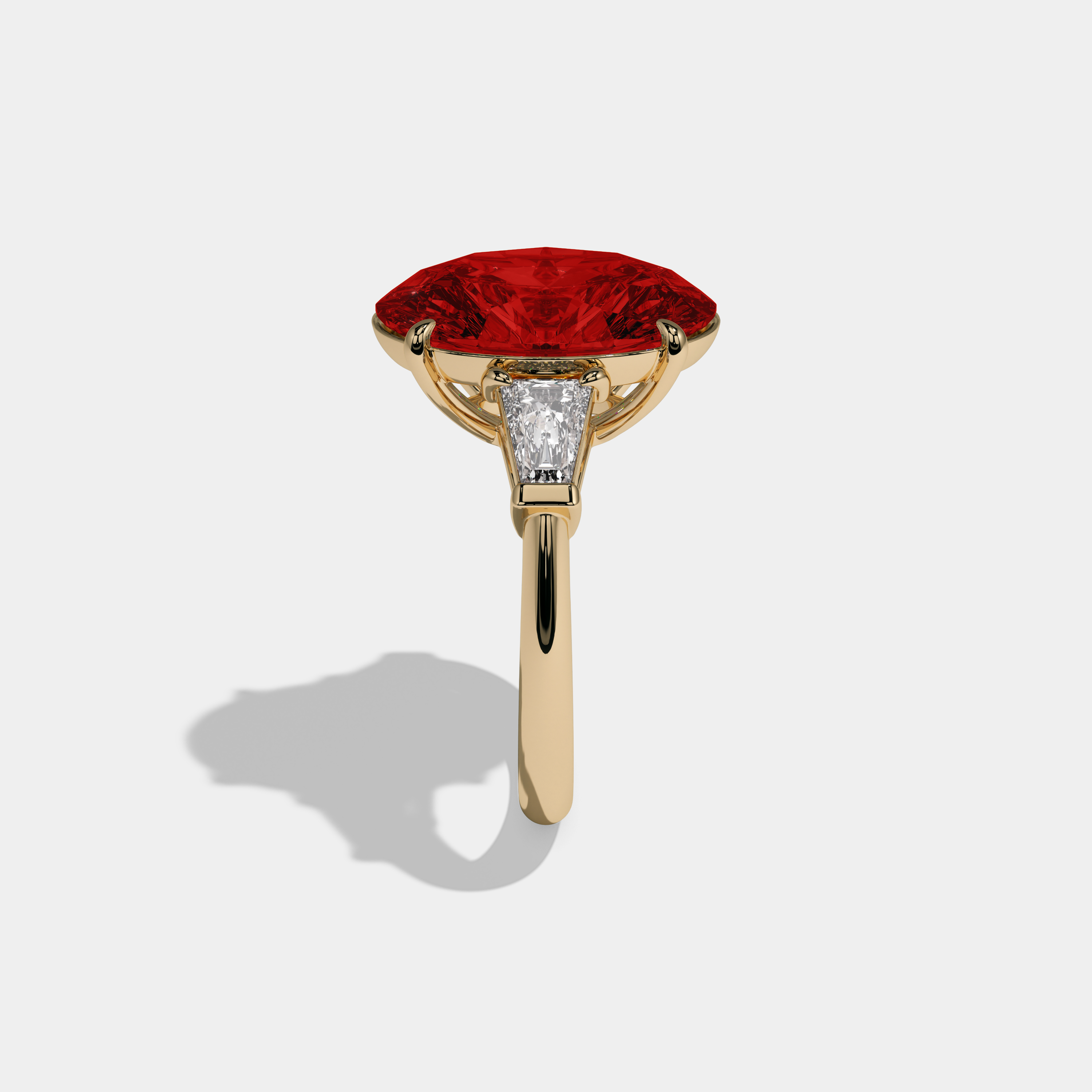Sophia Fancy Red Oval Cut Diamond Plain Band With Tapered Baguette Cut Sides Engagement Ring 8ct 18K Yellow Gold