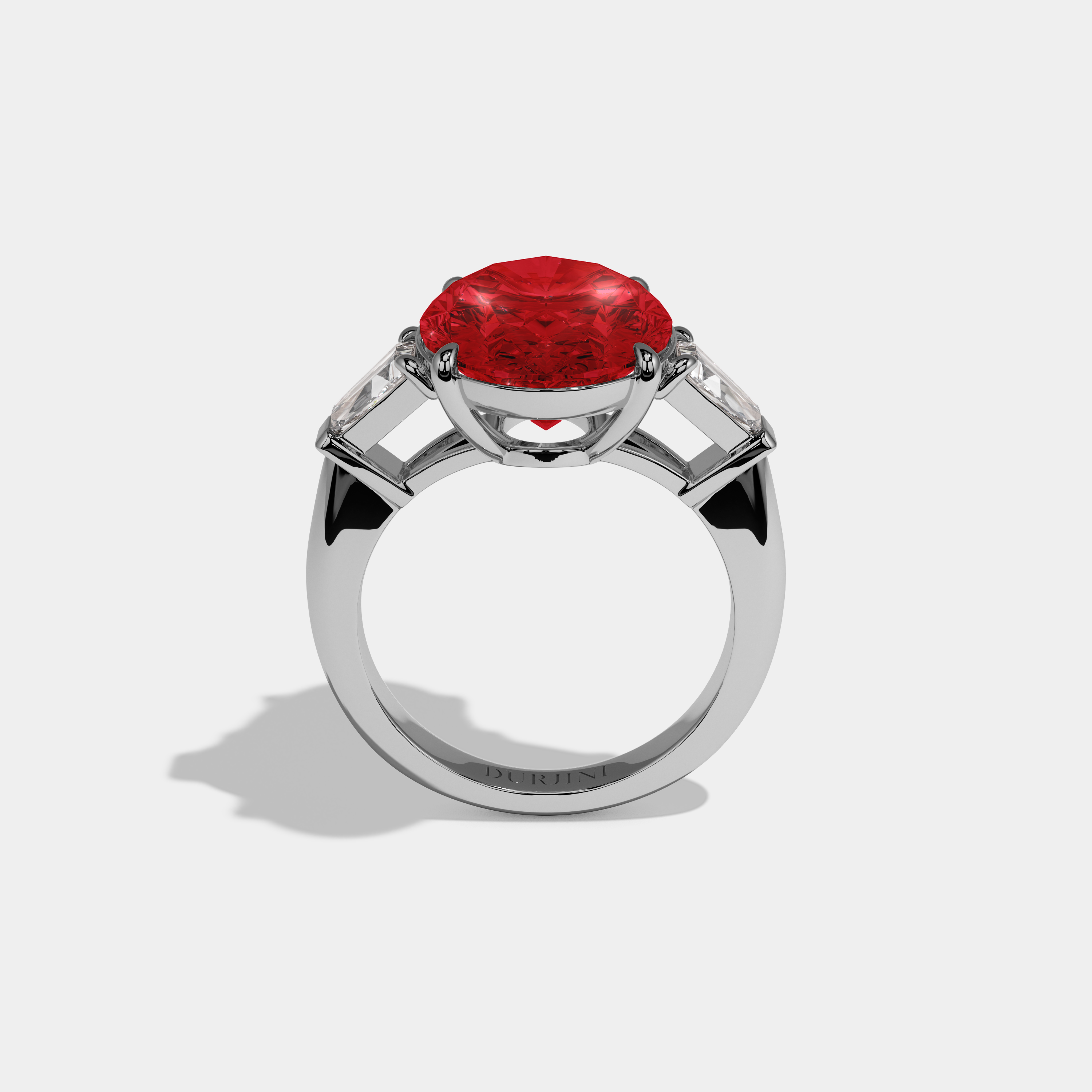 Eleanor Fancy Red Oval Cut Diamond Plain Band With Tapered Baguette Cut Sides Engagement Ring 8ct 18K White Gold